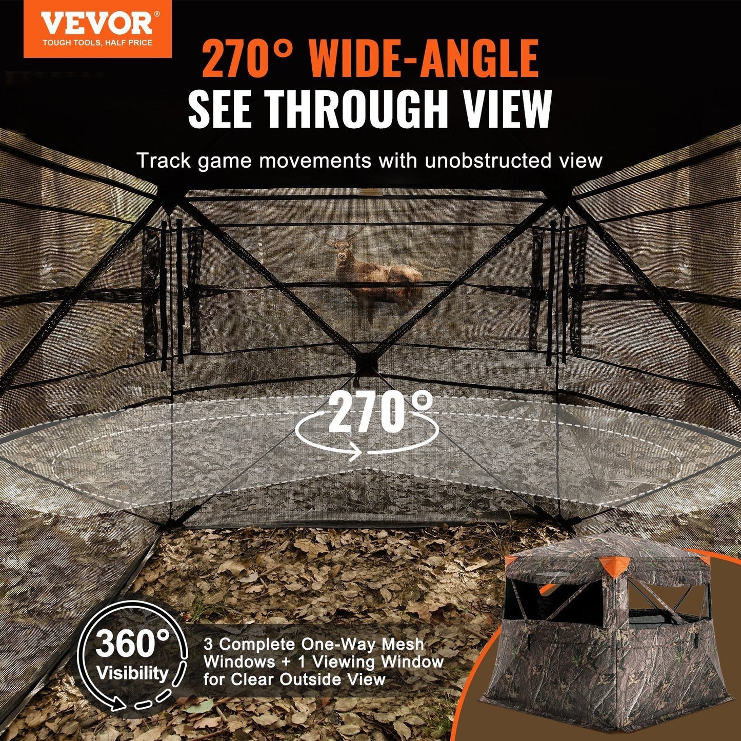 American Smart WB 270° see-through ground hunting blind for 4-5 persons, portable pop-up deer and turkey hunting tent with mesh windows.
