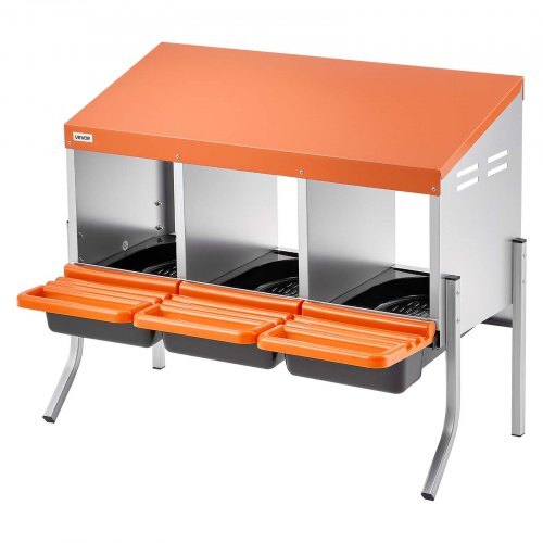 American Smart galvanized steel chicken nesting box with three compartments, support legs, and roll-away design for easy egg collection.