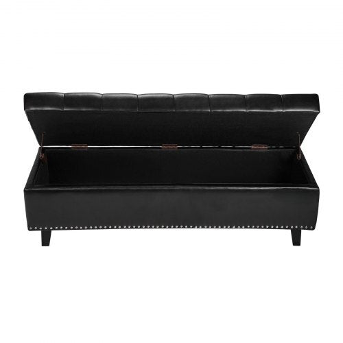 Black button-tufted PU leather storage ottoman bench with solid wood legs, ideal as bedroom or living room shoe bench seating.
