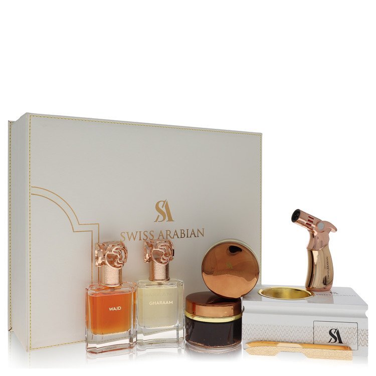 Swiss Arabian Bakhoor Dukhoon Al Haram gift set with two Eau De Parfum bottles and incense in Dukhoon Al Haram and Oud Muattar.