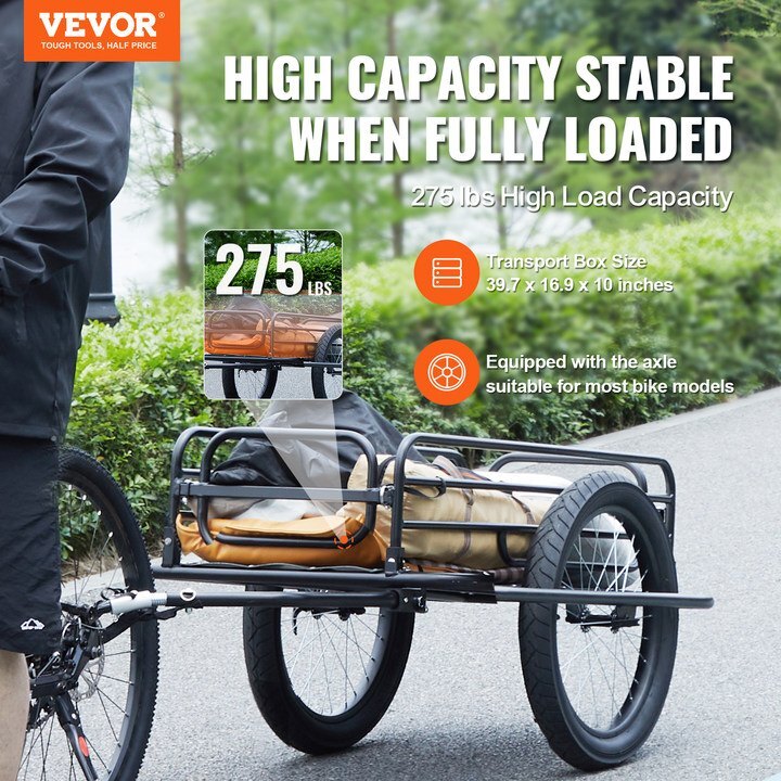 Heavy-duty American Smart bike cargo trailer with 20-inch wheels, foldable design, carbon steel frame, and universal hitch for most bikes.
