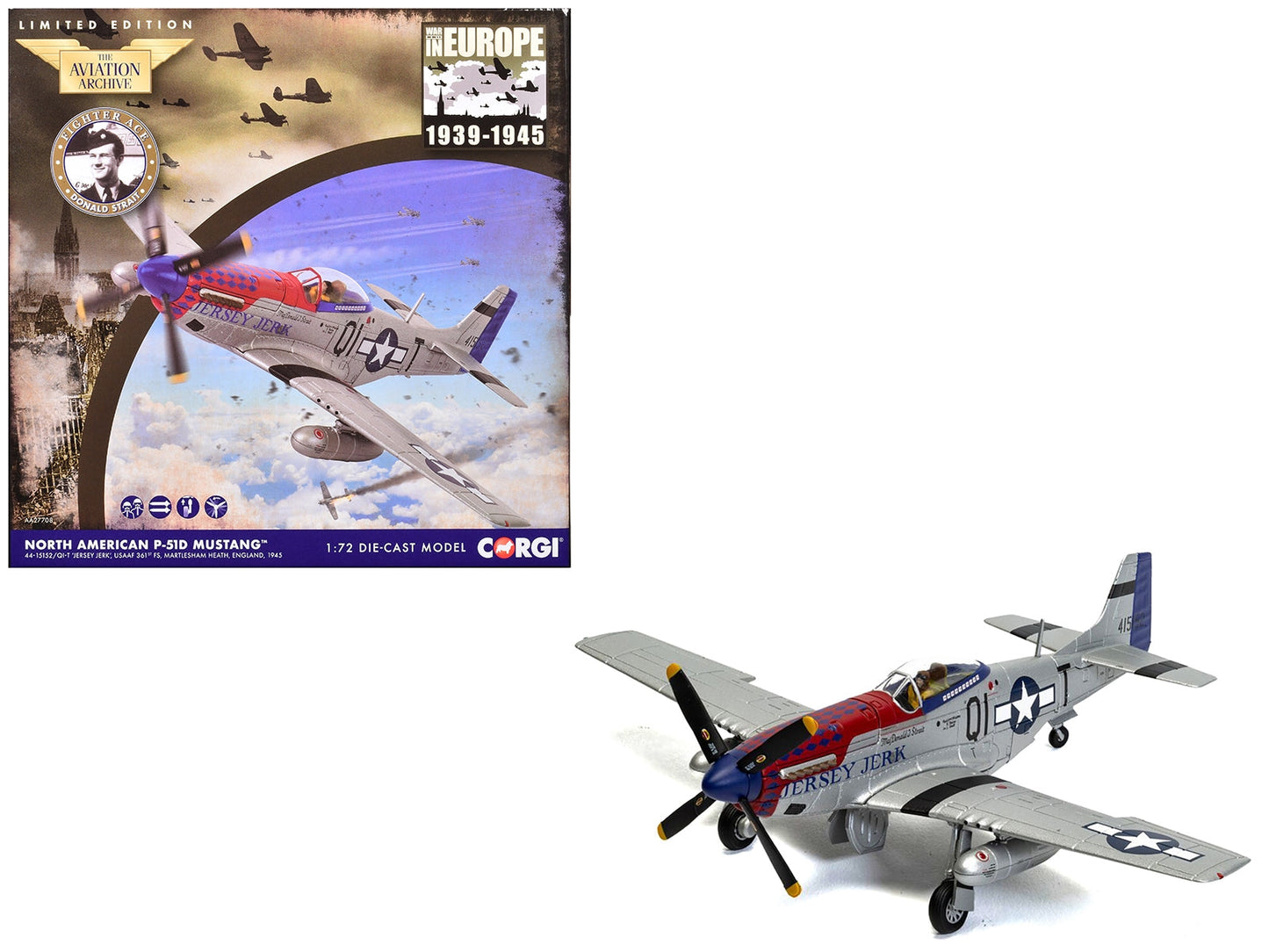 North American P-51D Mustang aircraft diecast model by Corgi, featuring "Jersey Jerk" 361st Fighter Squadron markings.