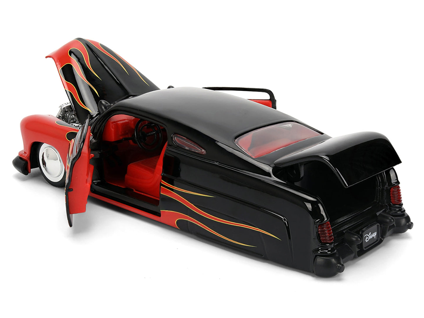Black 1951 Mercury Coupe diecast model by American Smart WB featuring flame graphics, red interior, and Mickey Mouse figure.