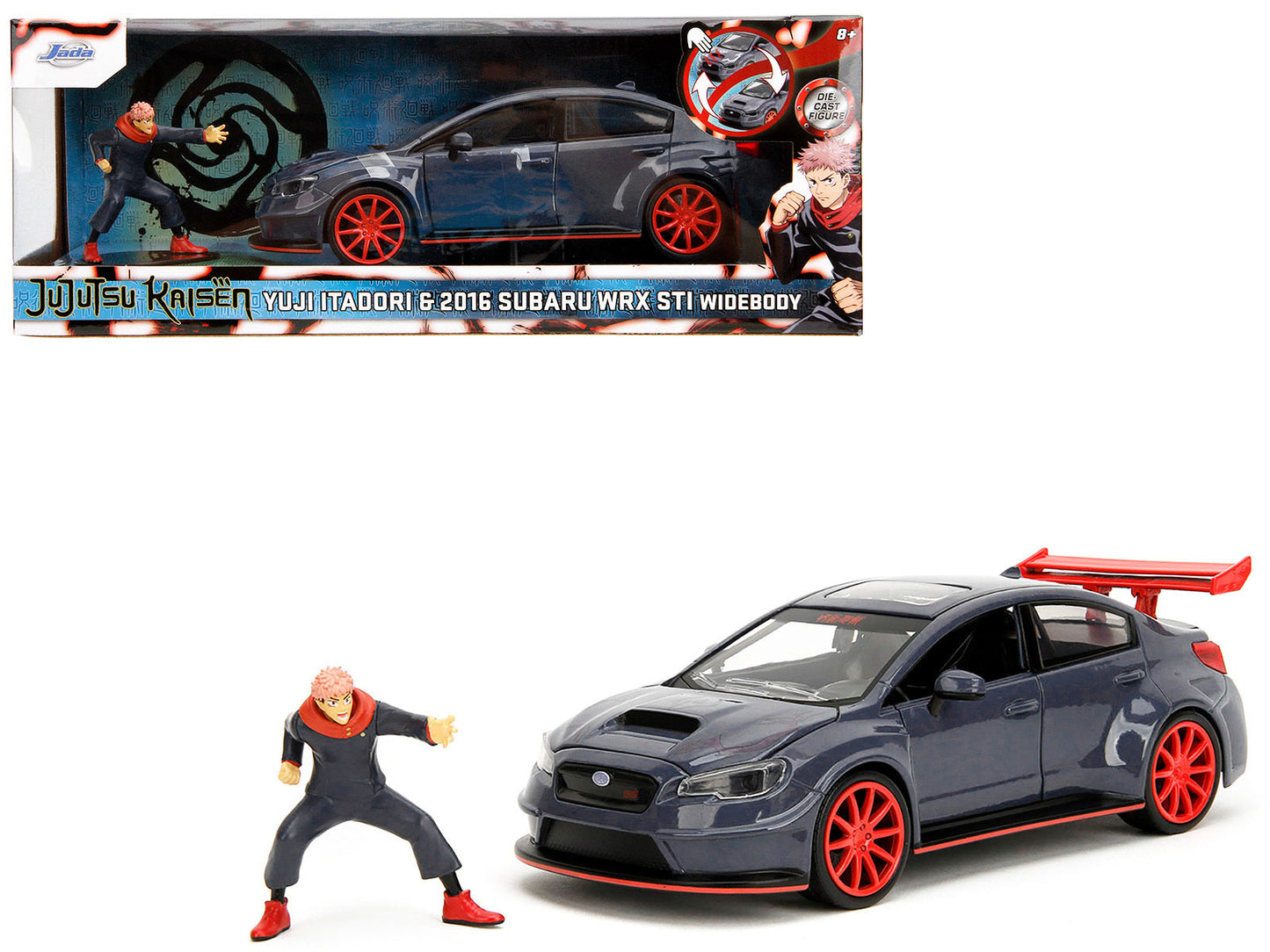 Dark blue 2016 Subaru WRX STI widebody diecast model by American Smart, with Yuji Itadori figure from Jujutsu Kaisen series.