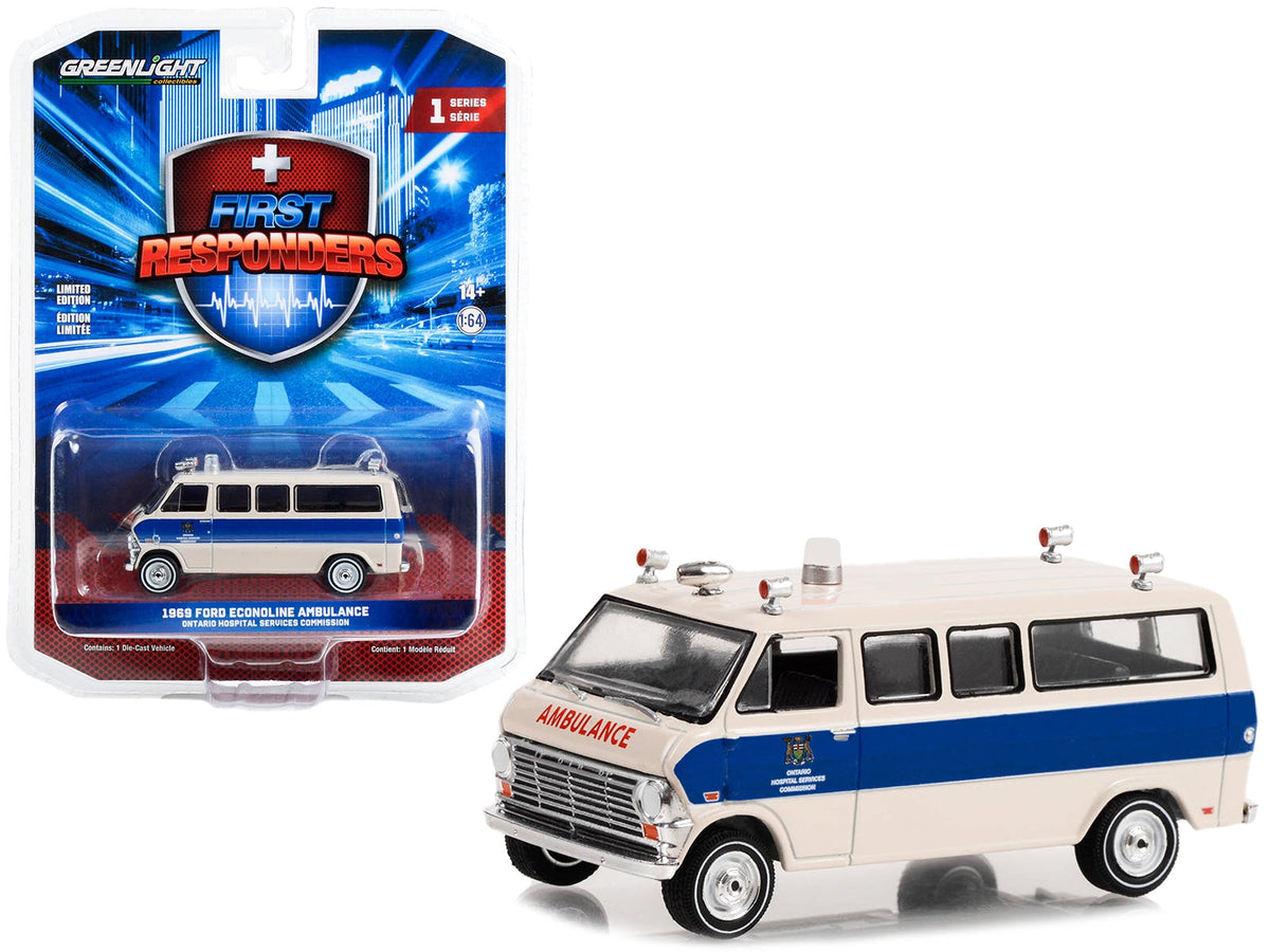 1969 Ford Econoline Ambulance diecast model in beige with blue stripes, labeled Ontario Hospital Services, by Greenlight.