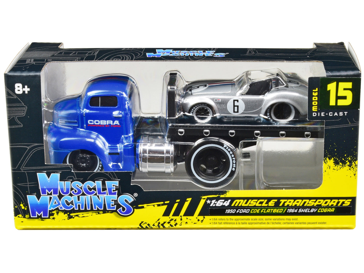 1/64 scale diecast model set featuring a blue 1950 Ford COE flatbed truck and a silver Shelby Cobra #6 by Muscle Machines.