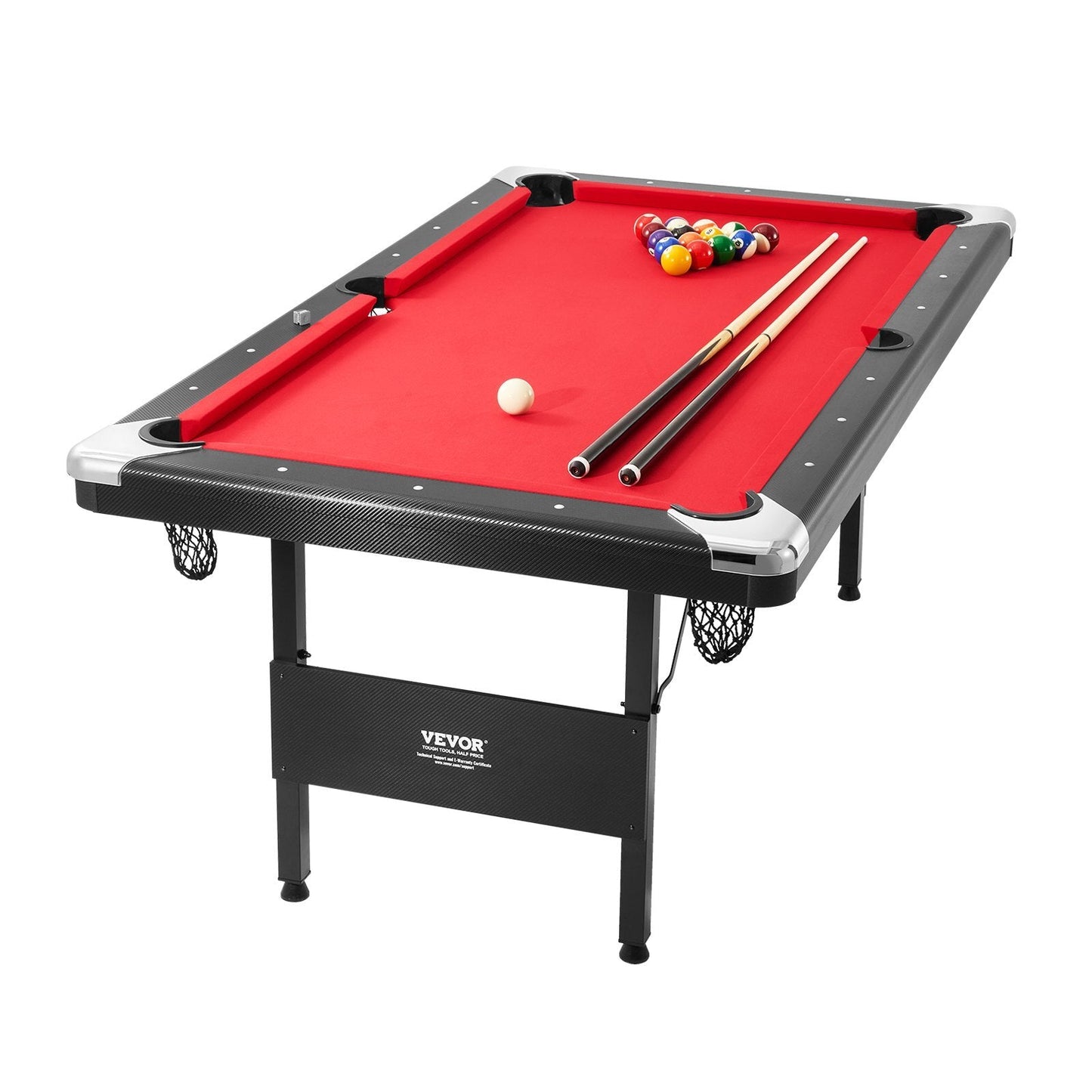 Black 6.3 ft American Smart billiards table with red cloth, foldable design, including balls, cues, chalks, and brush for family game room