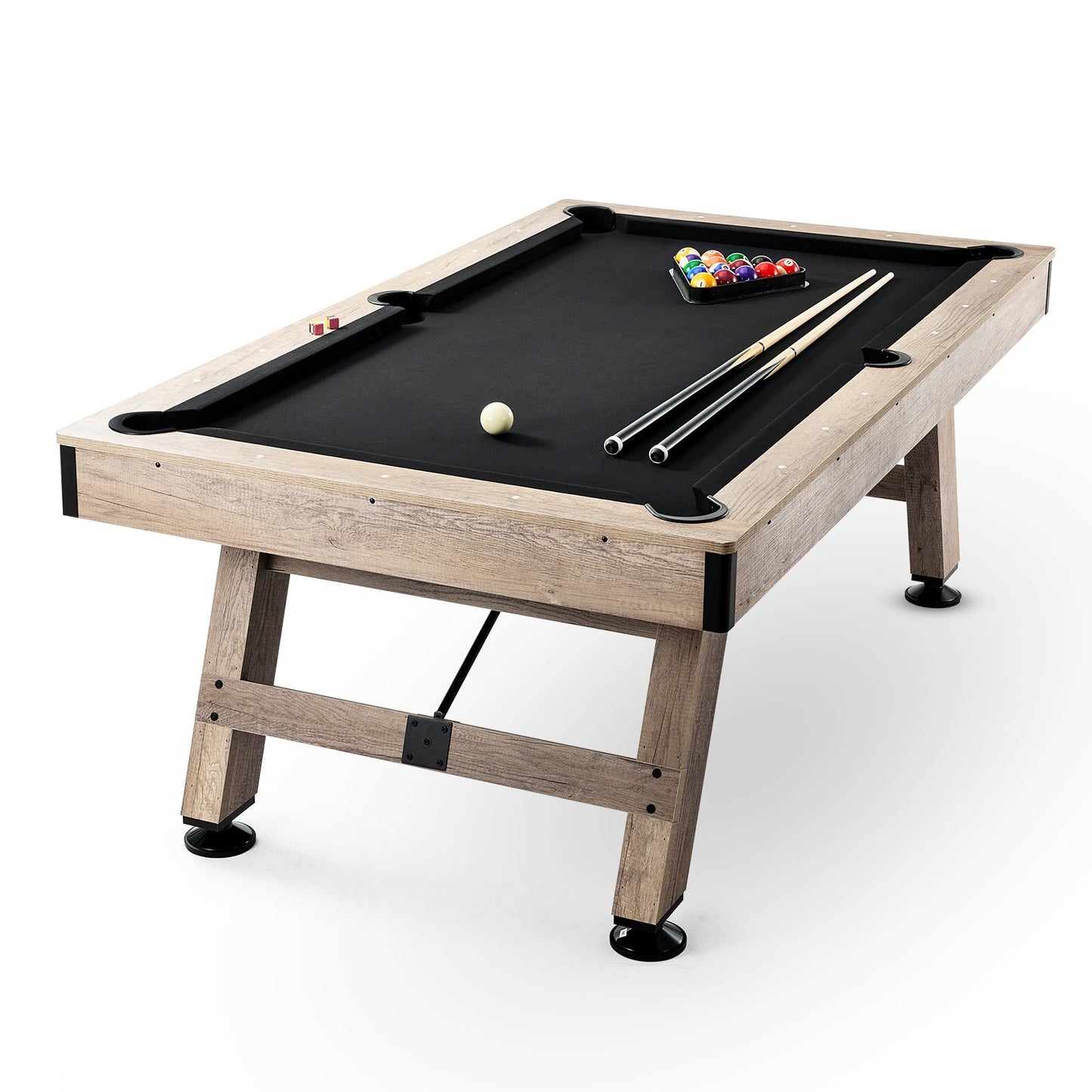 American Smart 7 ft billiards table with black cloth, wooden finish, includes balls, cues, chalks, and brush for family game room use.