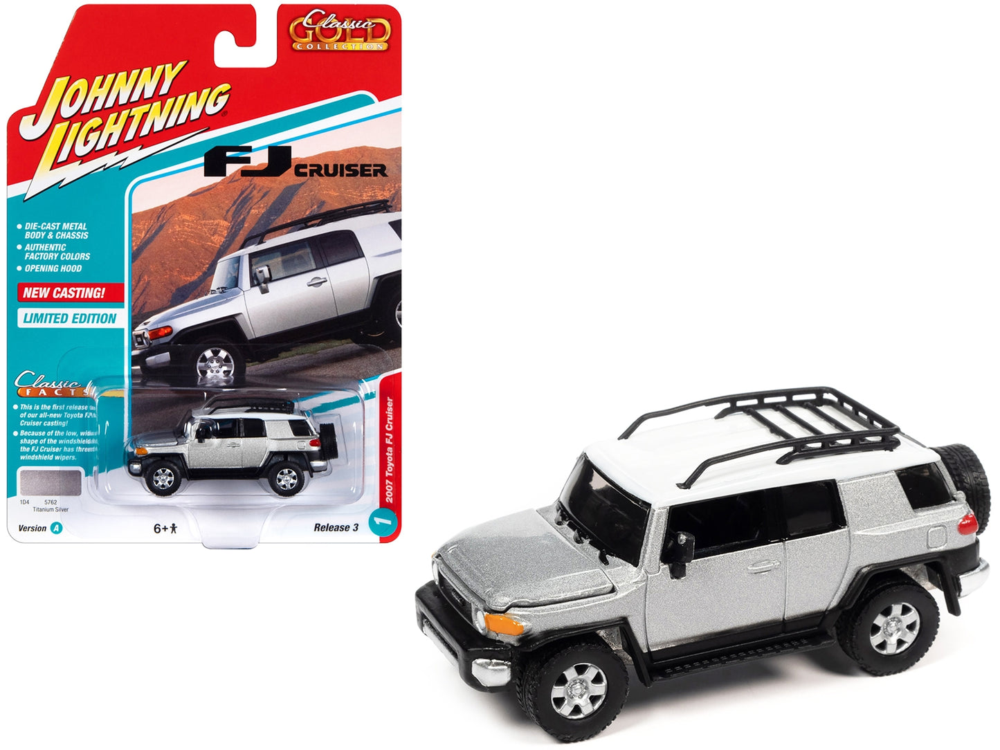 2007 Toyota FJ Cruiser diecast model in Titanium Silver with white top and roof rack, part of Johnny Lightning Classic Gold series.