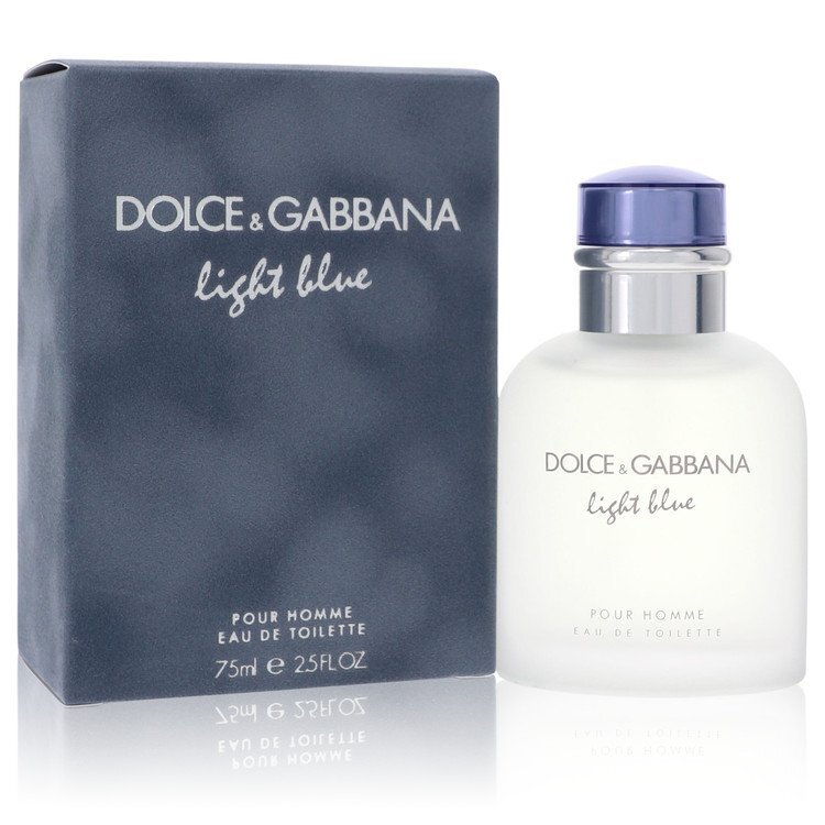 Light blue Dolce & Gabbana Eau De Toilette spray for men, 2.5 oz, with a light blue bottle and elegant packaging.