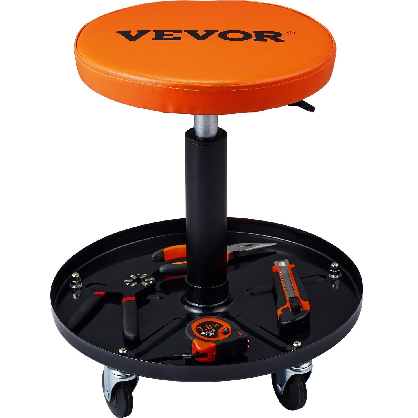 Black and orange mechanic stool with padded seat, adjustable height, tool tray, rolling wheels, suitable for garage and auto repair.