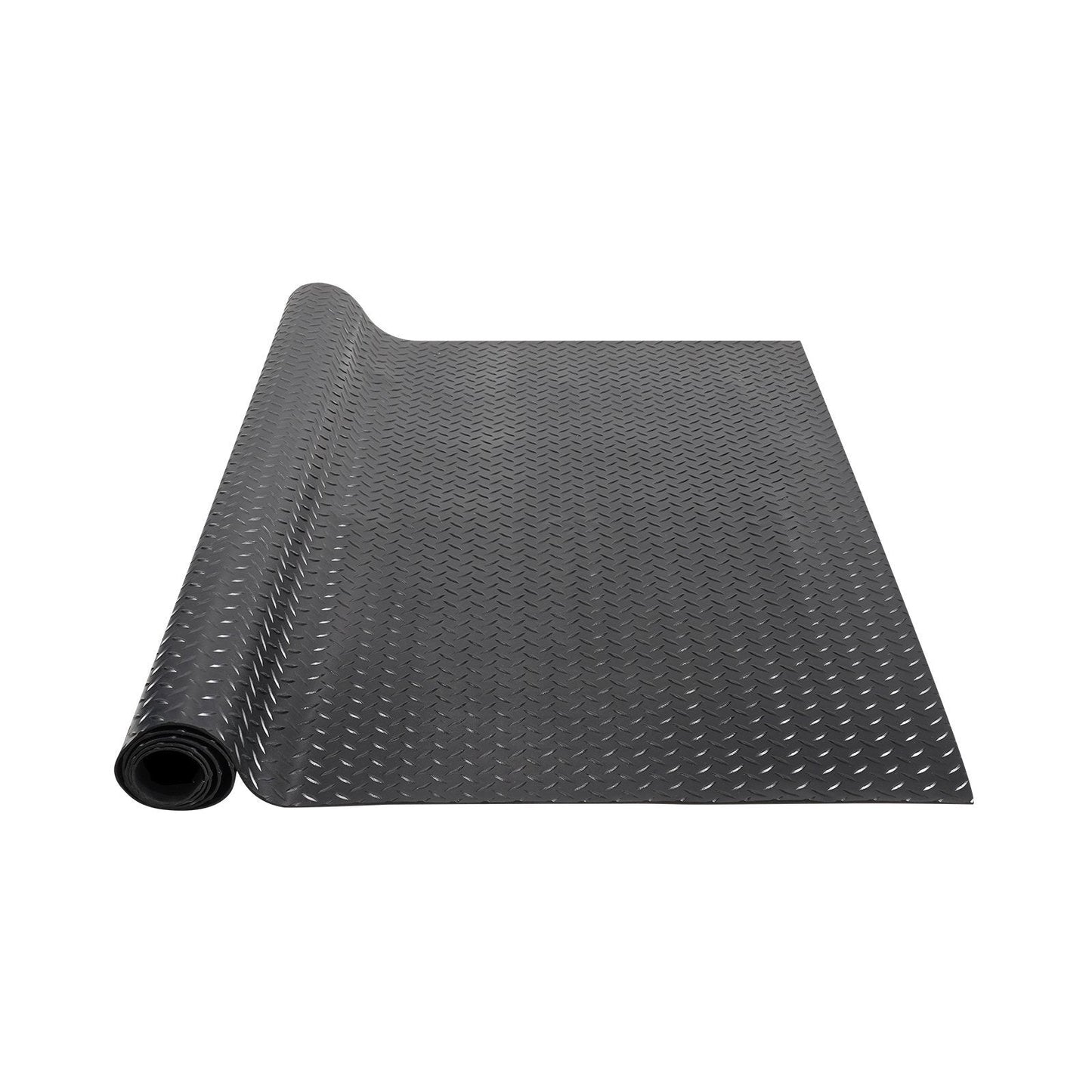 Black diamond-plate rubber garage flooring roll, 3mm thick, 4x8 ft size, American Smart WB garage mat for cars, gyms, and industry.
