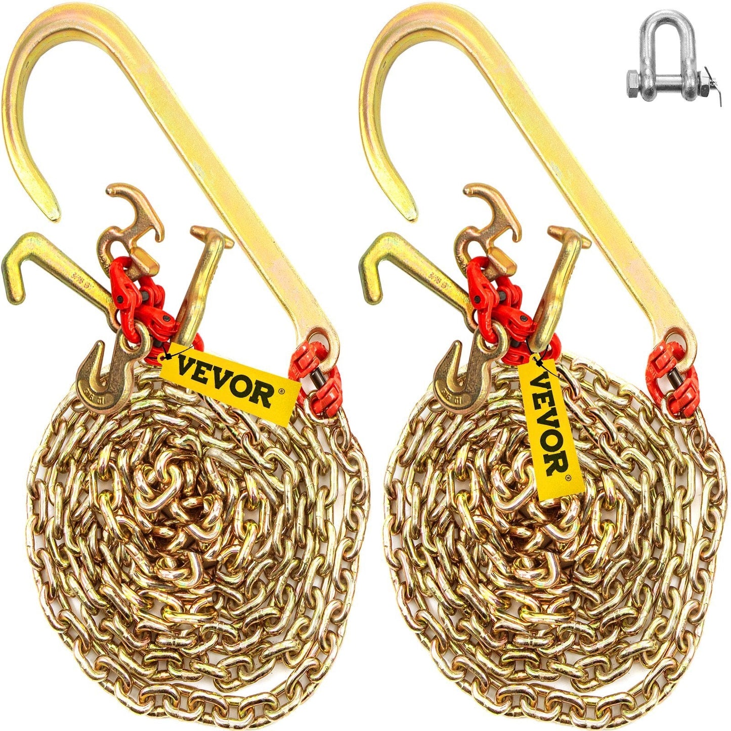 Two 5/16-inch G80 American Smart J hook chains with RTJ cluster and grab hooks, 10-foot long, heavy-duty tow chain for recovery.