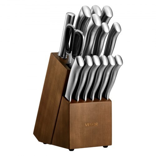 American Smart 15-piece kitchen knife set with block, sharpener, and ergonomic handles, made of German high-carbon stainless steel.