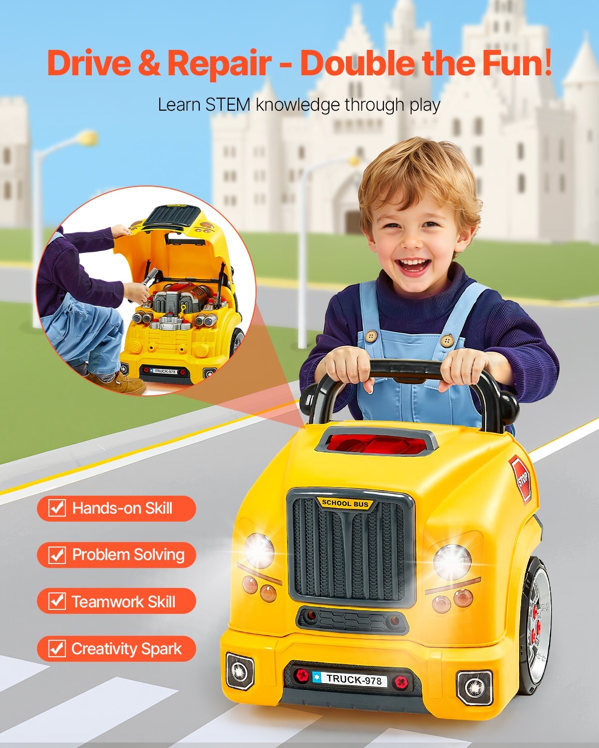 Yellow kids engine toy with removable parts, lights, sounds, steering wheel, and horn, part of American Smart's mechanic workshop set for toddlers