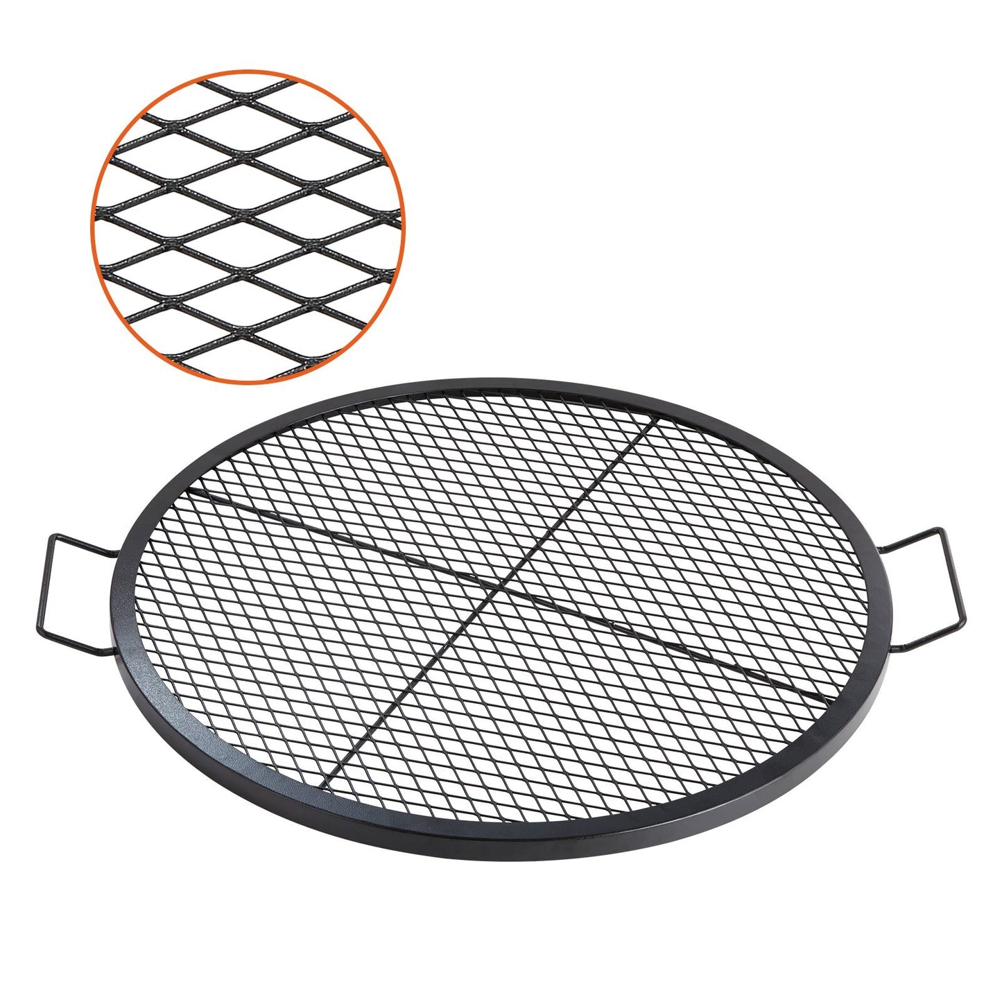 Round X-Marks Fire Pit Grill Grate by American Smart, 30-inch black heavy-duty steel camping BBQ grill with handle and support.