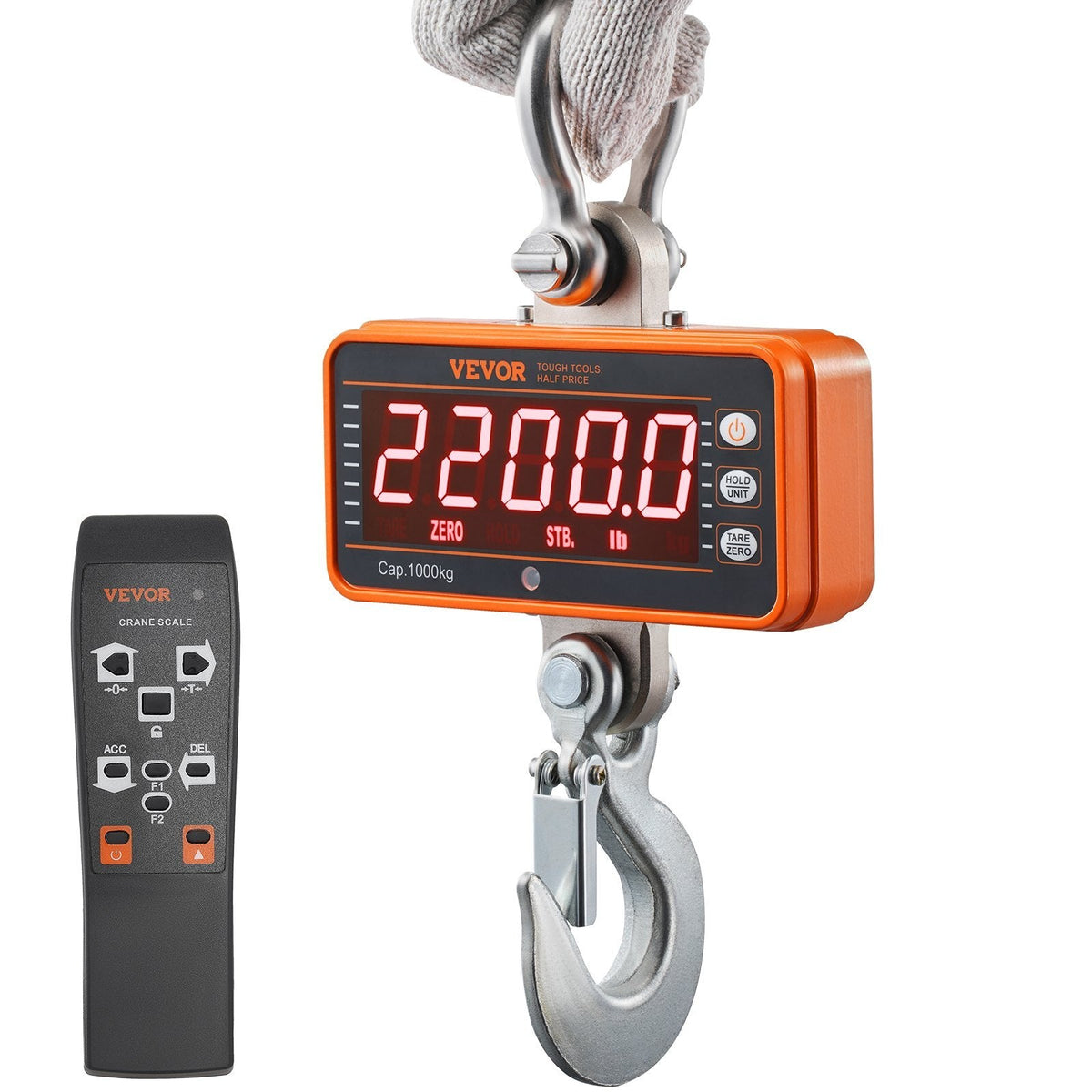 American Smart digital crane scale with orange cast aluminum case, LED display, remote control, suitable for industrial package handling.