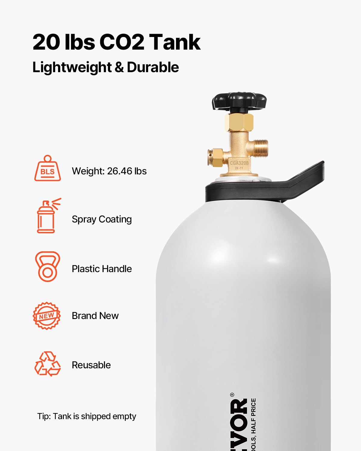 American Smart 20 lbs aluminum CO2 tank with handle, CGA320 valve, spray coating, adjustable pressure for draft beer and soda kegerators.