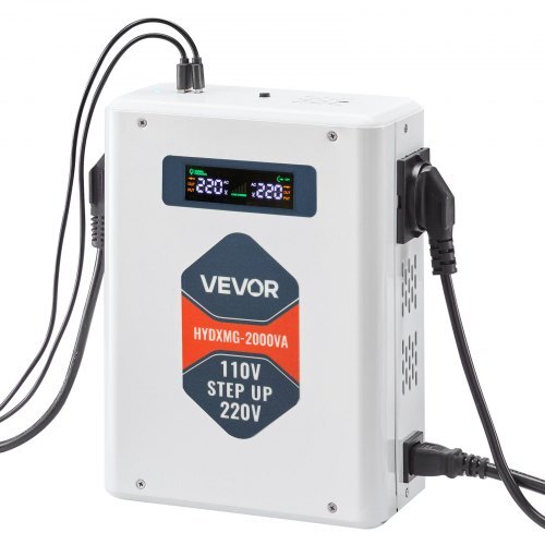 American Smart 2000VA step-up voltage converter with EU outlets, USB, LCD display, and temperature protection for 110V to 220V appliances.