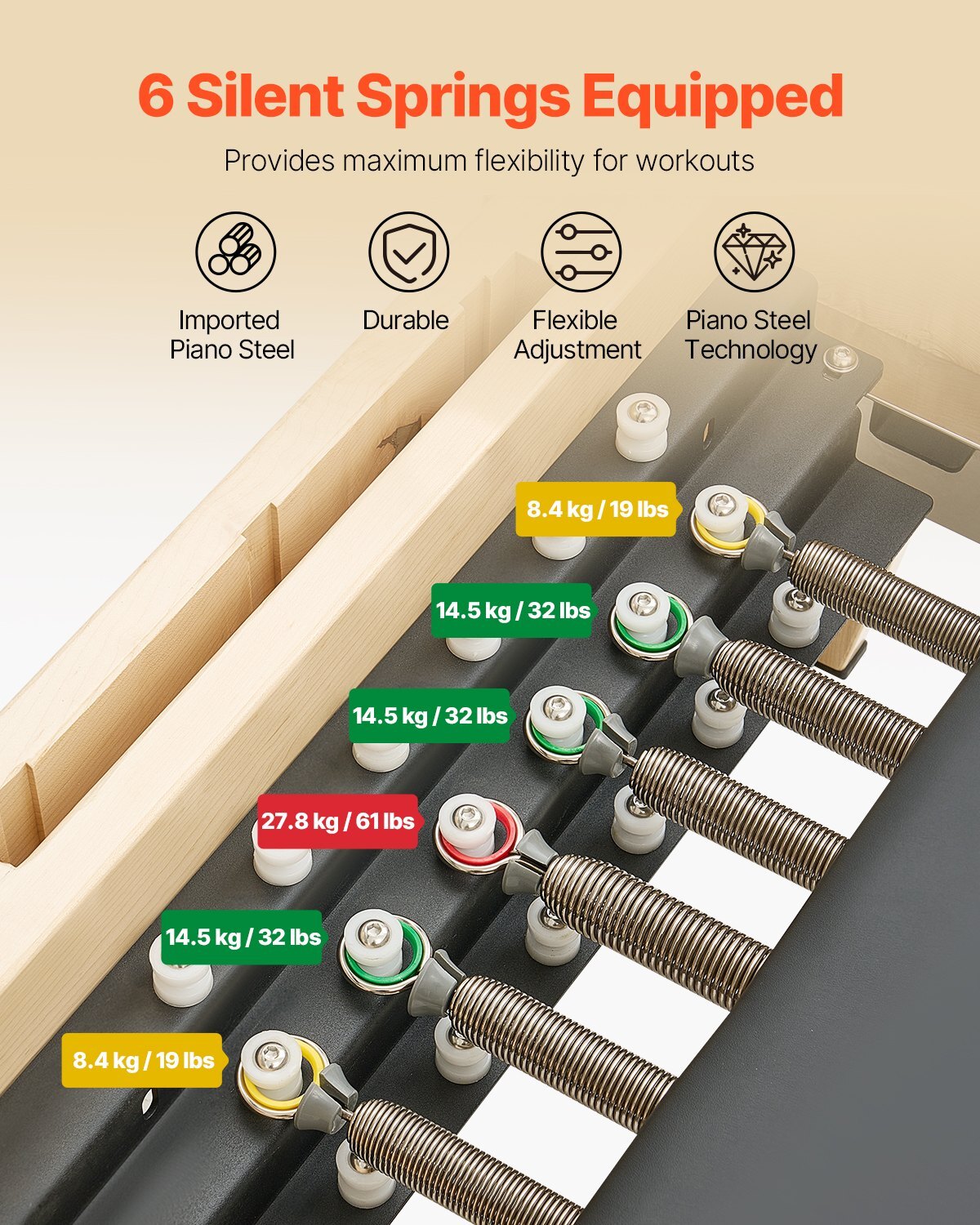 Wooden Pilates Reformer machine by American Smart with sitting box, dual resistance springs and cords for home gym workouts.