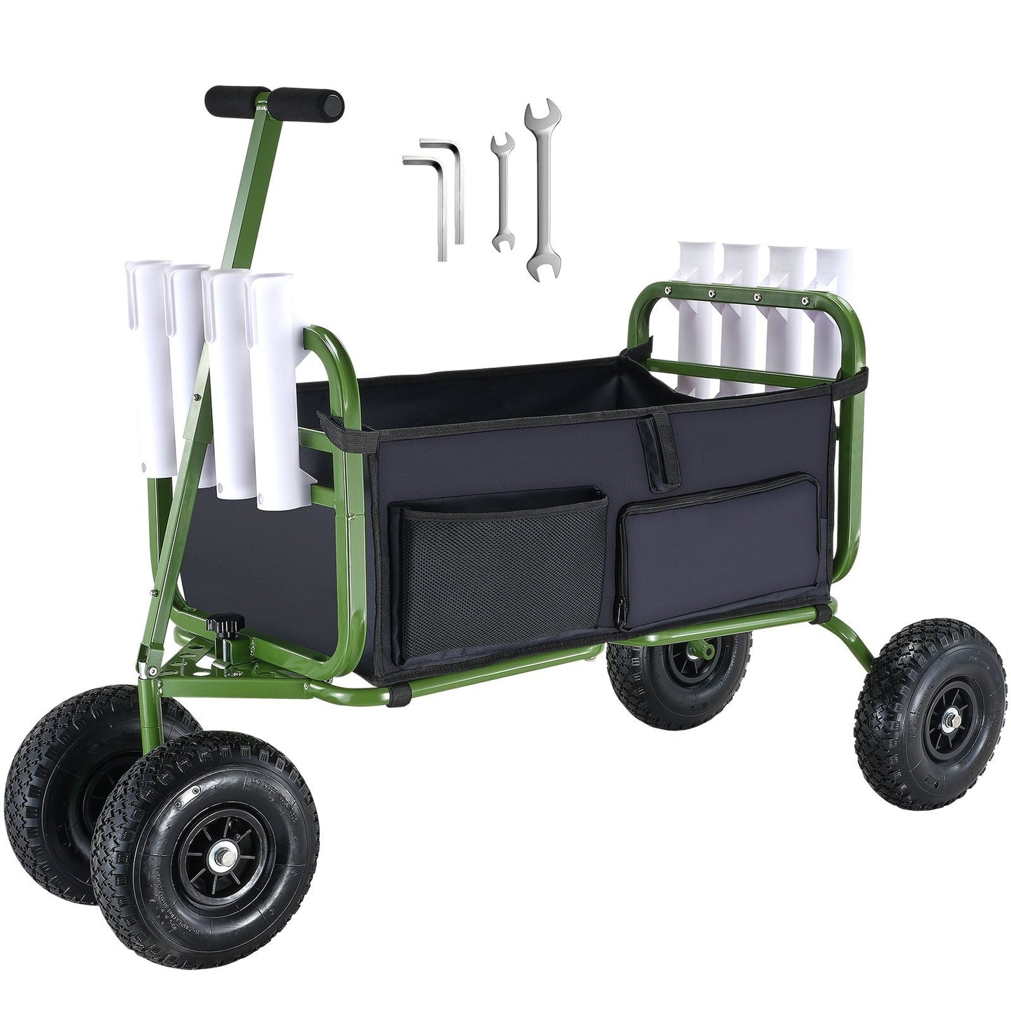American Smart beach fishing cart with four large rubber tires, heavy-duty steel frame, and eight rod holders for fishing trips.