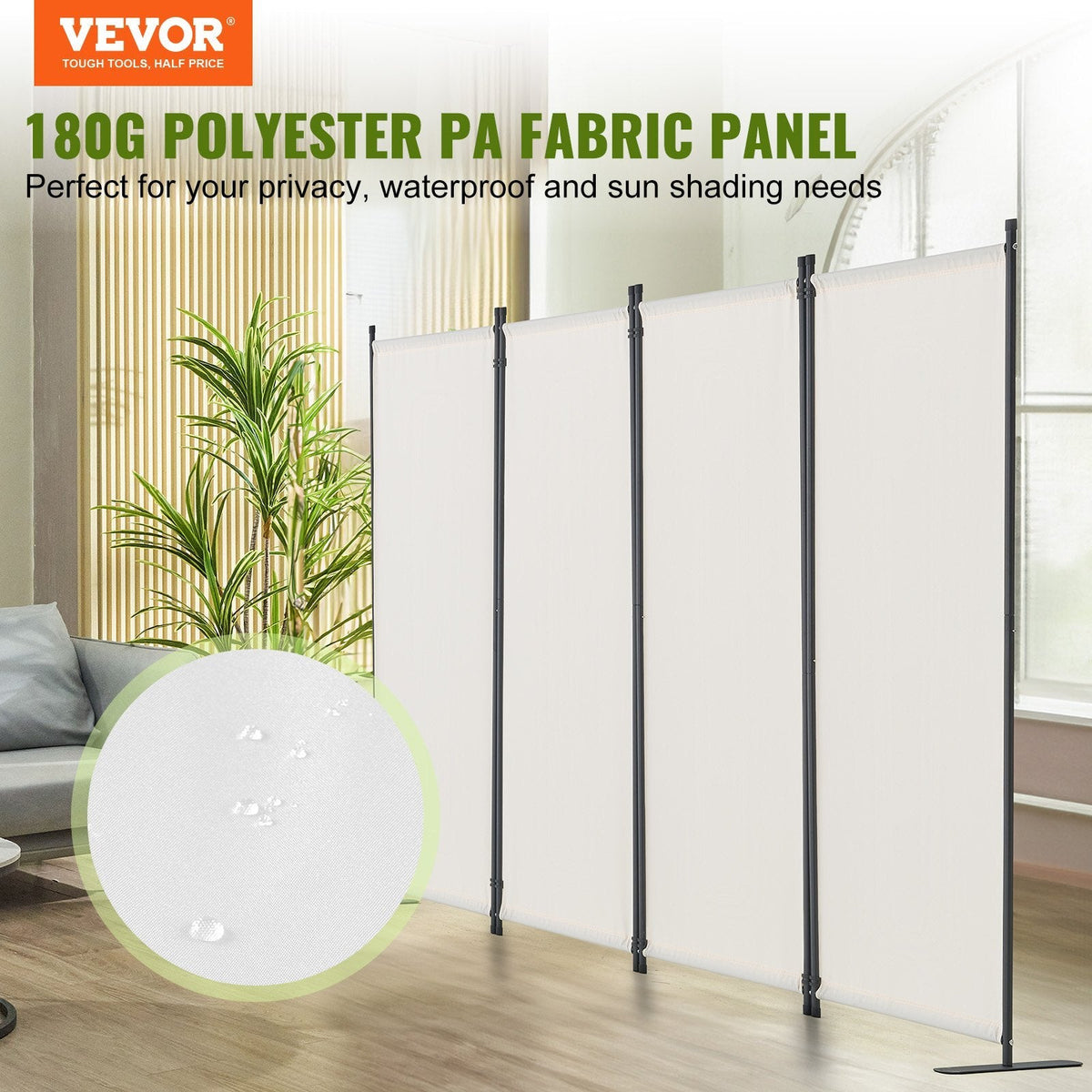 American Smart 4-panel fabric room divider in white, folding privacy screen for office, bedroom, or dining room.
