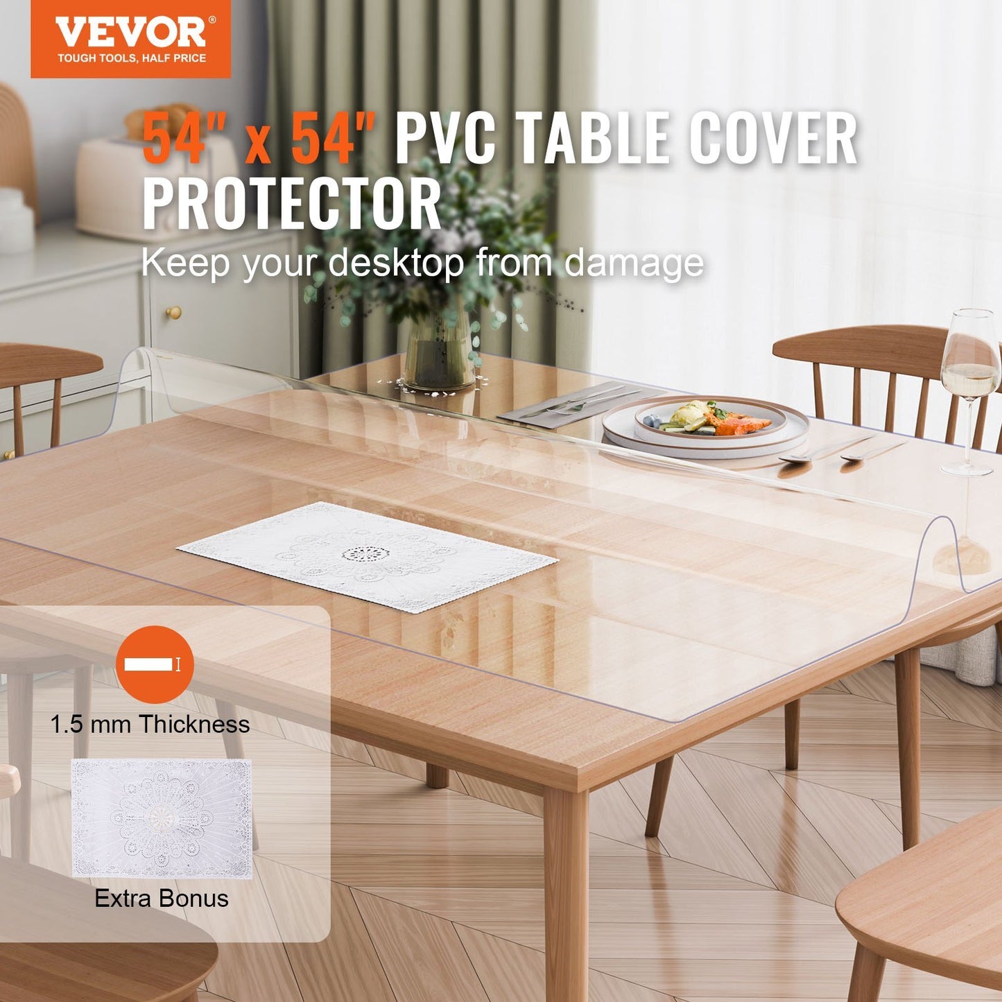 Clear plastic table cover by American Smart, 54x54 inch square PVC desk mat, waterproof, thick, and easy to clean for office or dining.