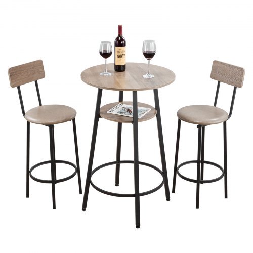 Light gray and black 3-piece bar table set with two stools, rounded corners, ideal for office, breakfast, or small bars.