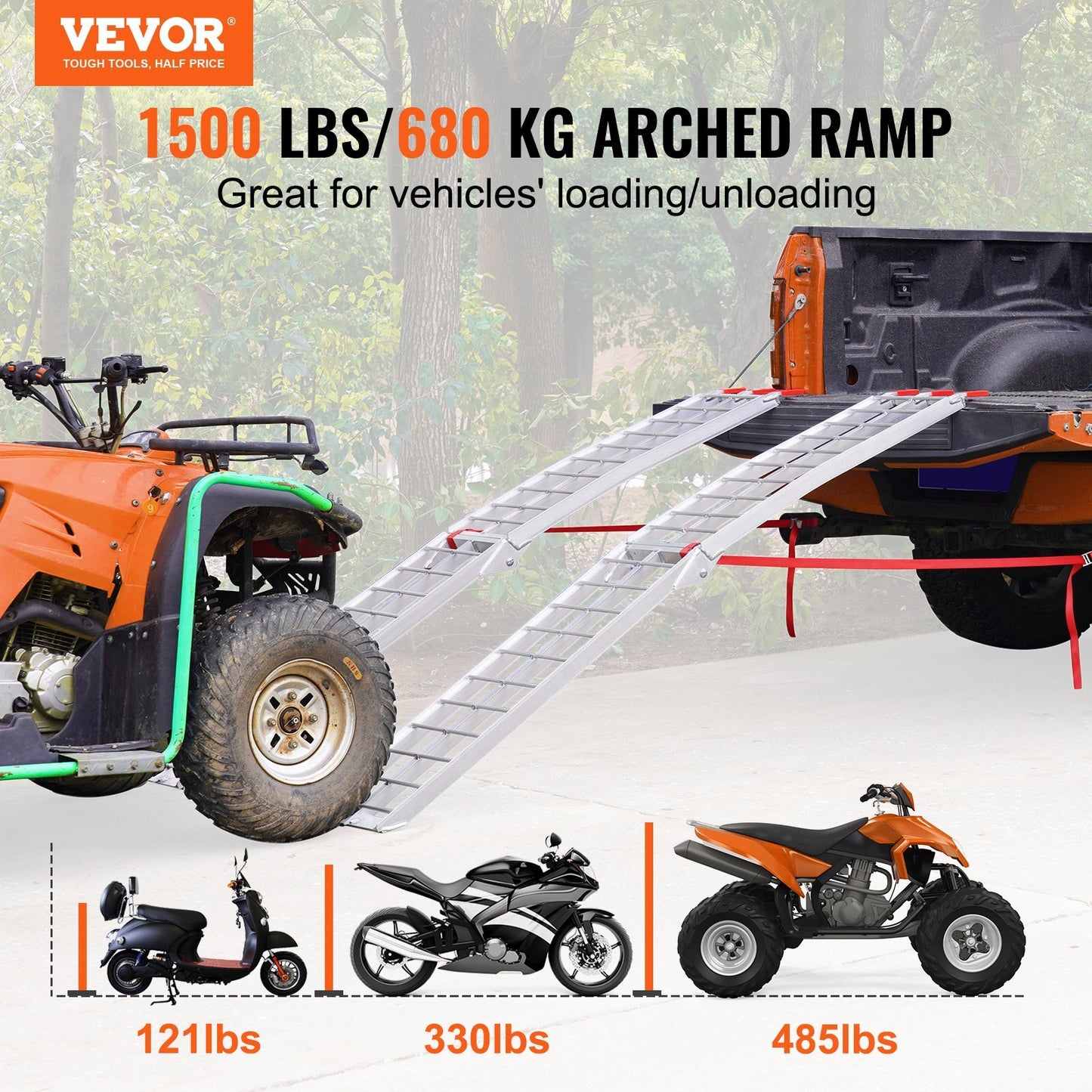 American Smart aluminum folding car ramps for pickup trucks, 1500 lbs capacity, with load straps for dirt bikes, ATVs, and trailers.
