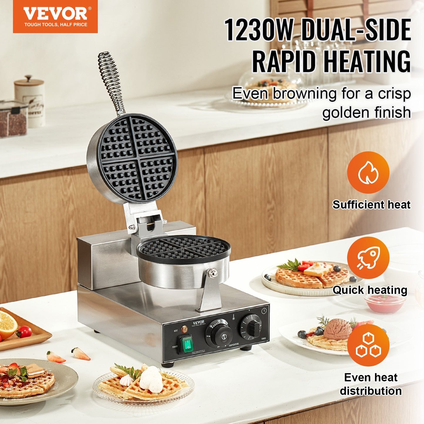 American Smart commercial waffle maker with non-stick stainless steel surface, round shape, temperature controls, and handle for restaurant use.