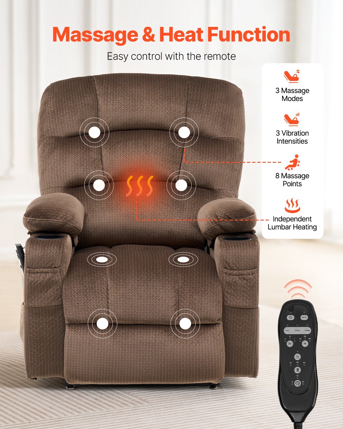 Brown American Smart power lift recliner chair with heat, massage, dual motor, cup holders, USB port, and infinite position adjustment.