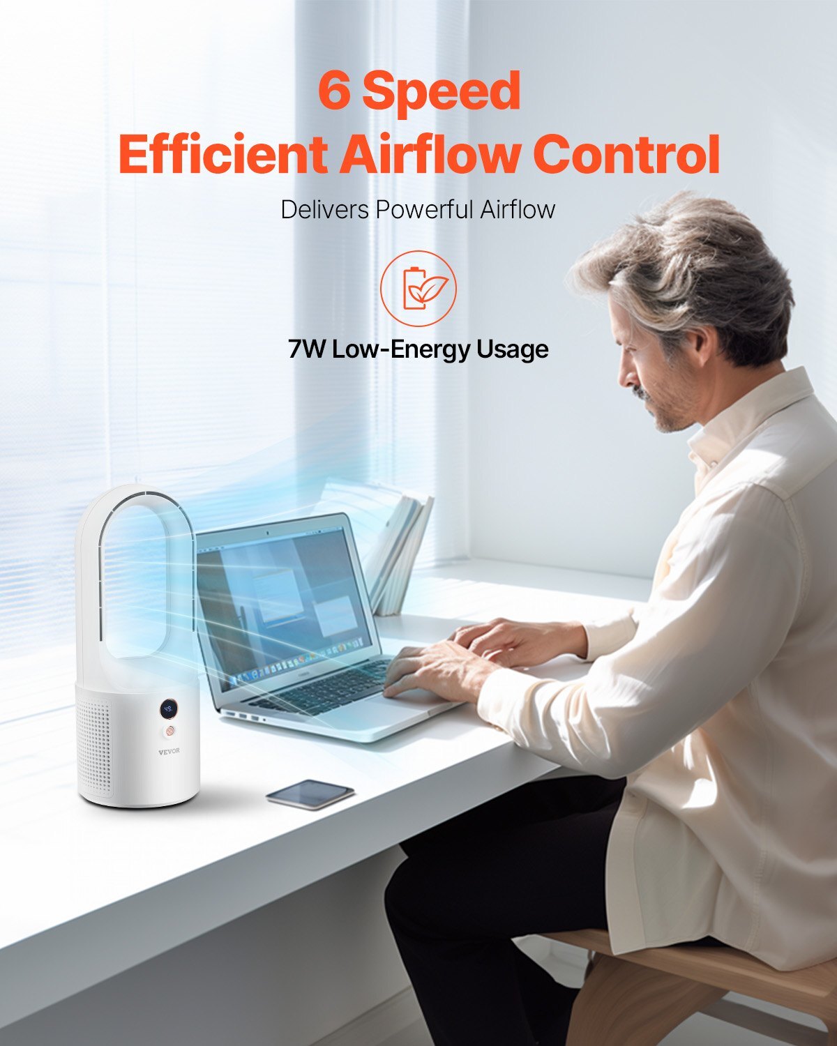 American Smart bladeless desk fan, 12.99-inch portable tower fan with 6 speeds, USB-powered, quiet cooling for home or office.