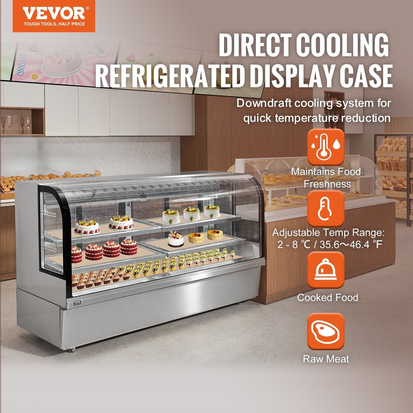 American Smart 32 cu ft large pastry display case with 4 tiers, LED lighting, downdraft cooling, and movable casters for bakery displays.