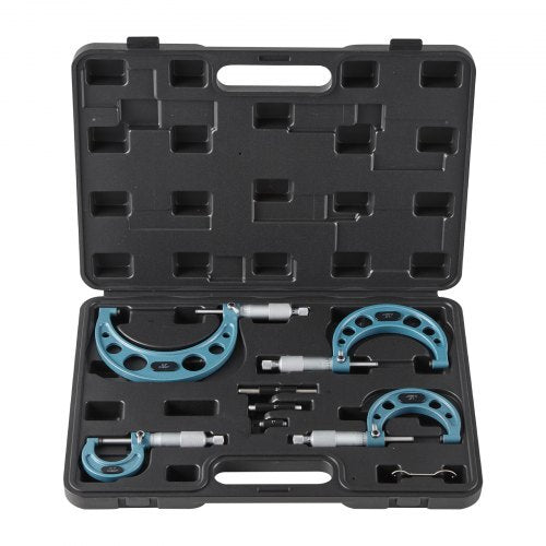 Set of four American Smart machinist outside micrometers with protective case, measuring 0-4 inches with 0.0001 accuracy for metalworking.