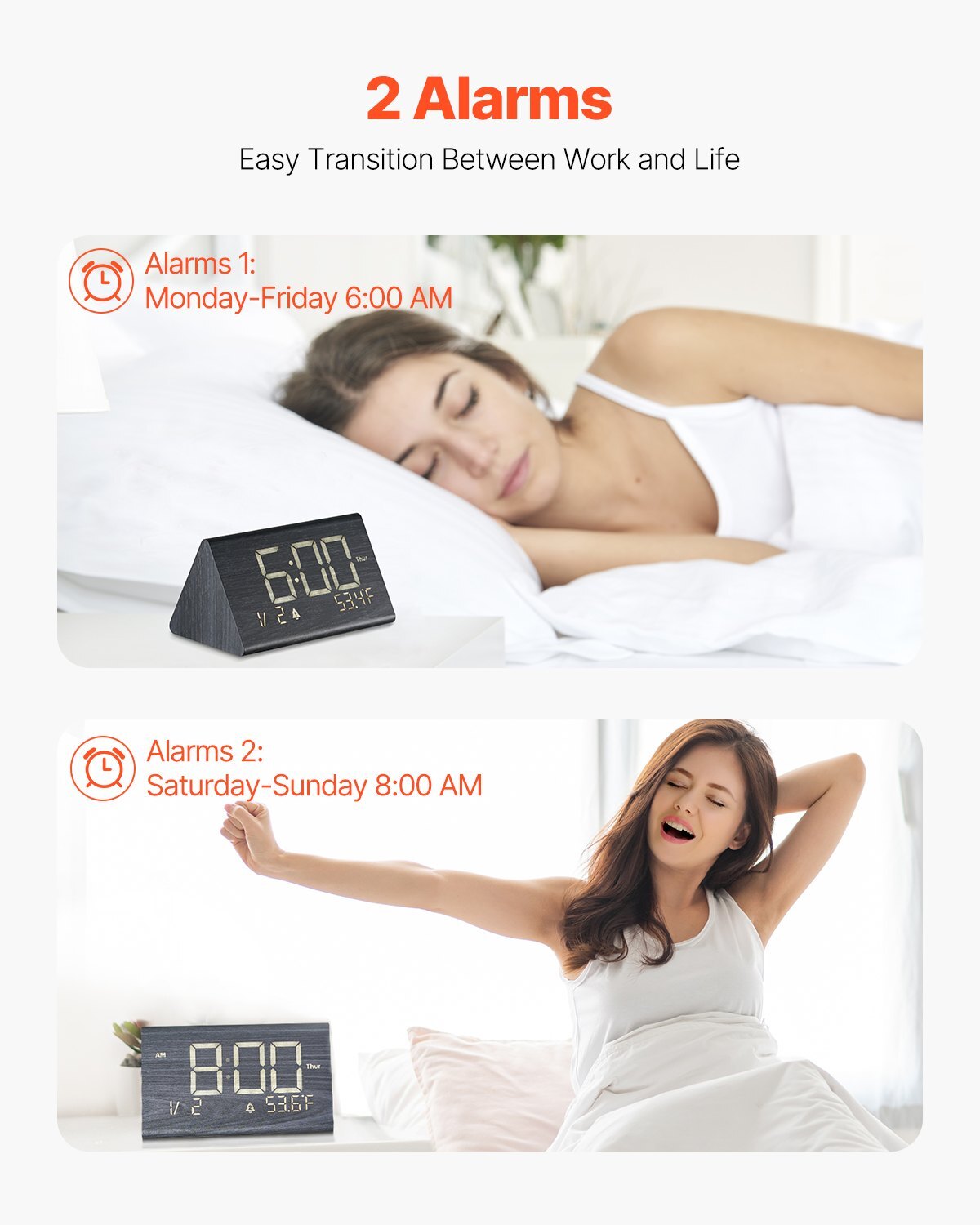 Black wooden digital alarm clock with dual alarms, USB port, night light, snooze button, voice control, and adjustable volume.