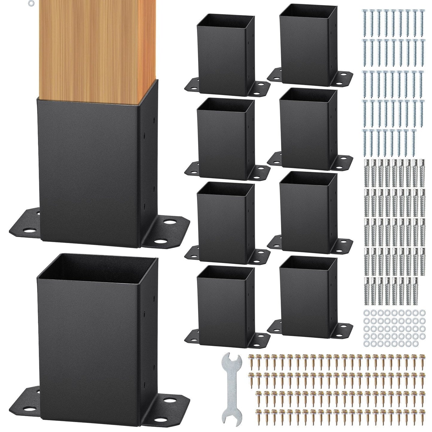 Set of 10 black 4x4 post base brackets for wood posts, heavy-duty powder-coated post anchors for pavilion and deck support.