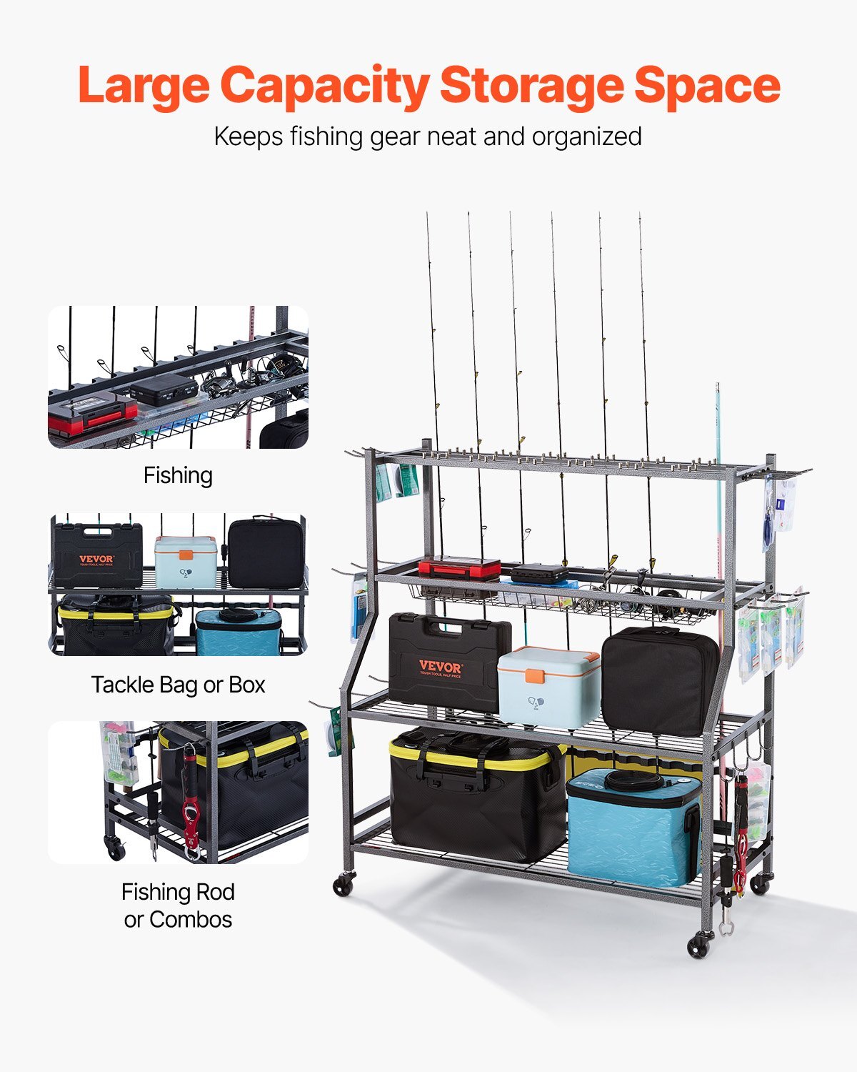 American Smart WB fishing rod holder for 15 rods with wheels, organized fish gear storage for garage or indoor use.