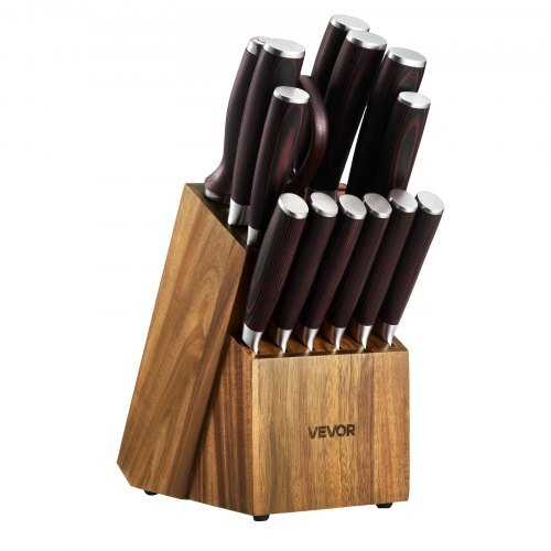 American Smart 15-piece kitchen knife set with wooden block, stainless steel blades, ergonomic handles, and sharpening rod.