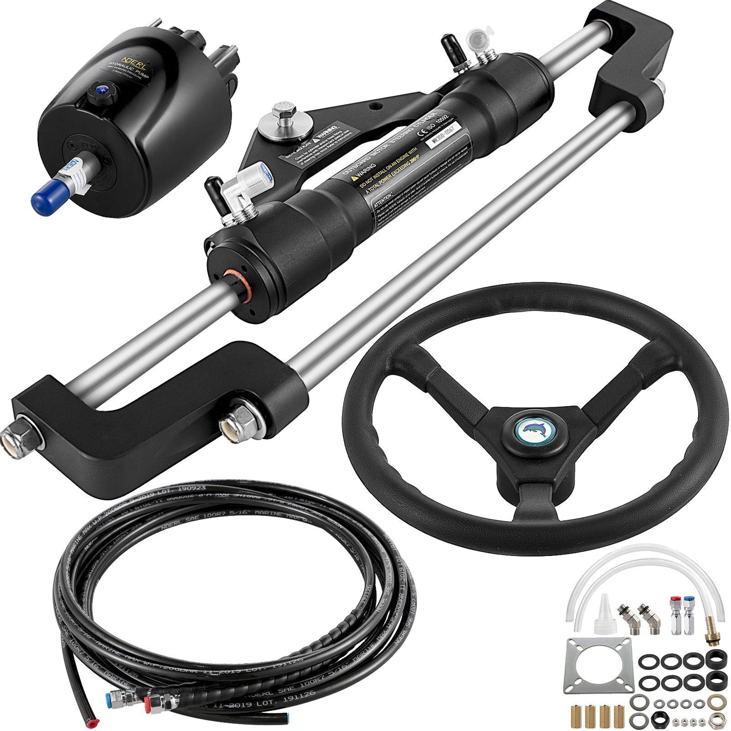 American Smart 300HP hydraulic boat steering kit with aluminum alloy cylinder, 13.5-inch wheel, helm pump, and 10-inch hydraulic hose