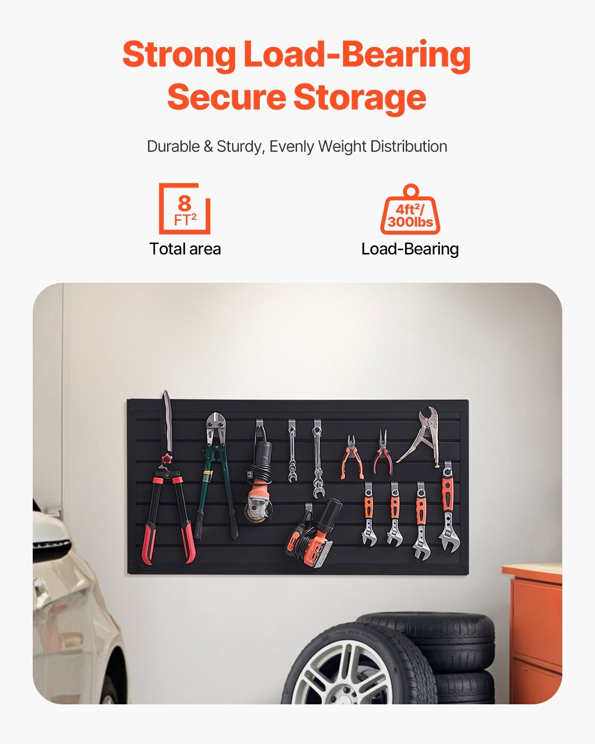 Black PVC slat wall panel for garage organization, 2x4 ft modular design with adjustable hooks and easy installation.
