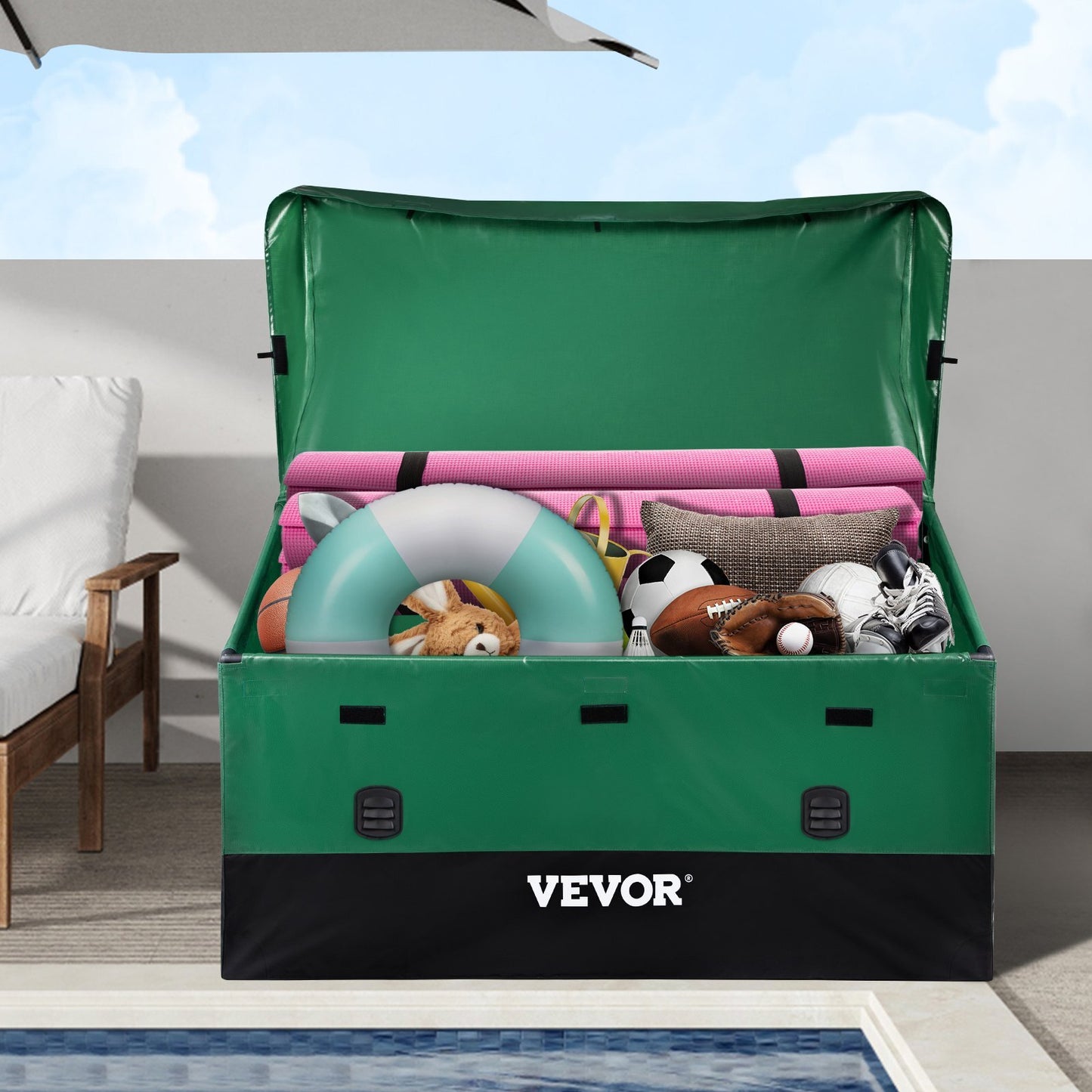 American Smart VEOVR outdoor patio storage box with waterproof PE tarpaulin, galvanized frame, brown and blue color, suitable for garden and yard.