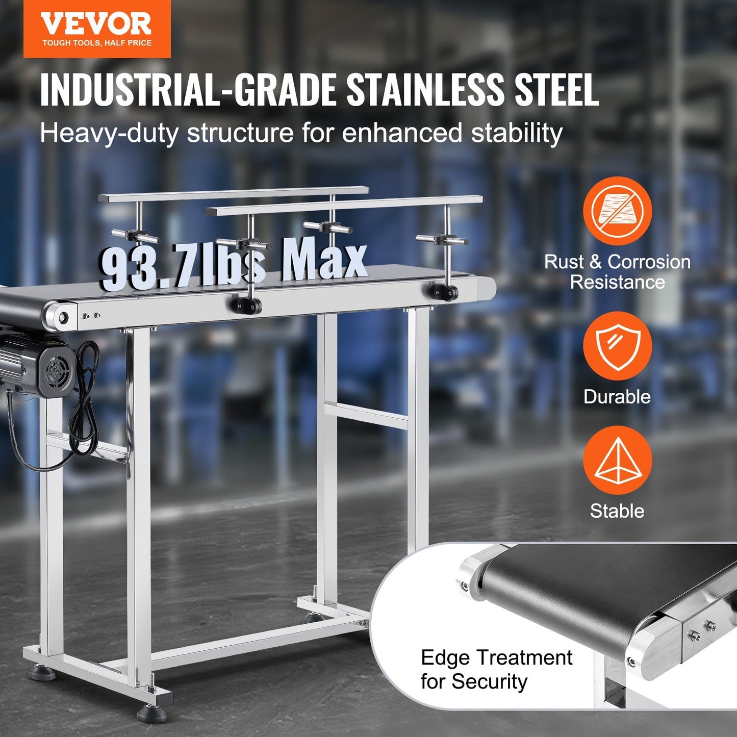 American Smart WB heavy-duty stainless steel belt conveyor with adjustable speed, motorized PVC belt, anti-static, and double guardrails.