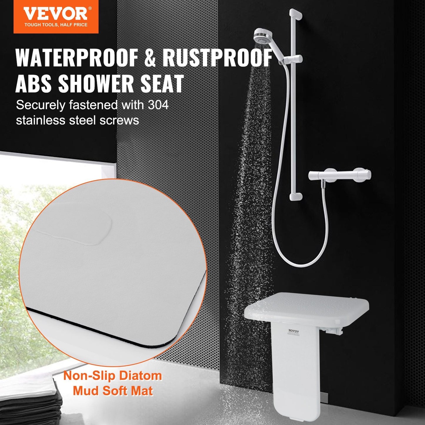 American Smart folding ABS shower seat, wall-mounted, space-saving bench with 440 lbs load capacity for seniors and pregnant women.