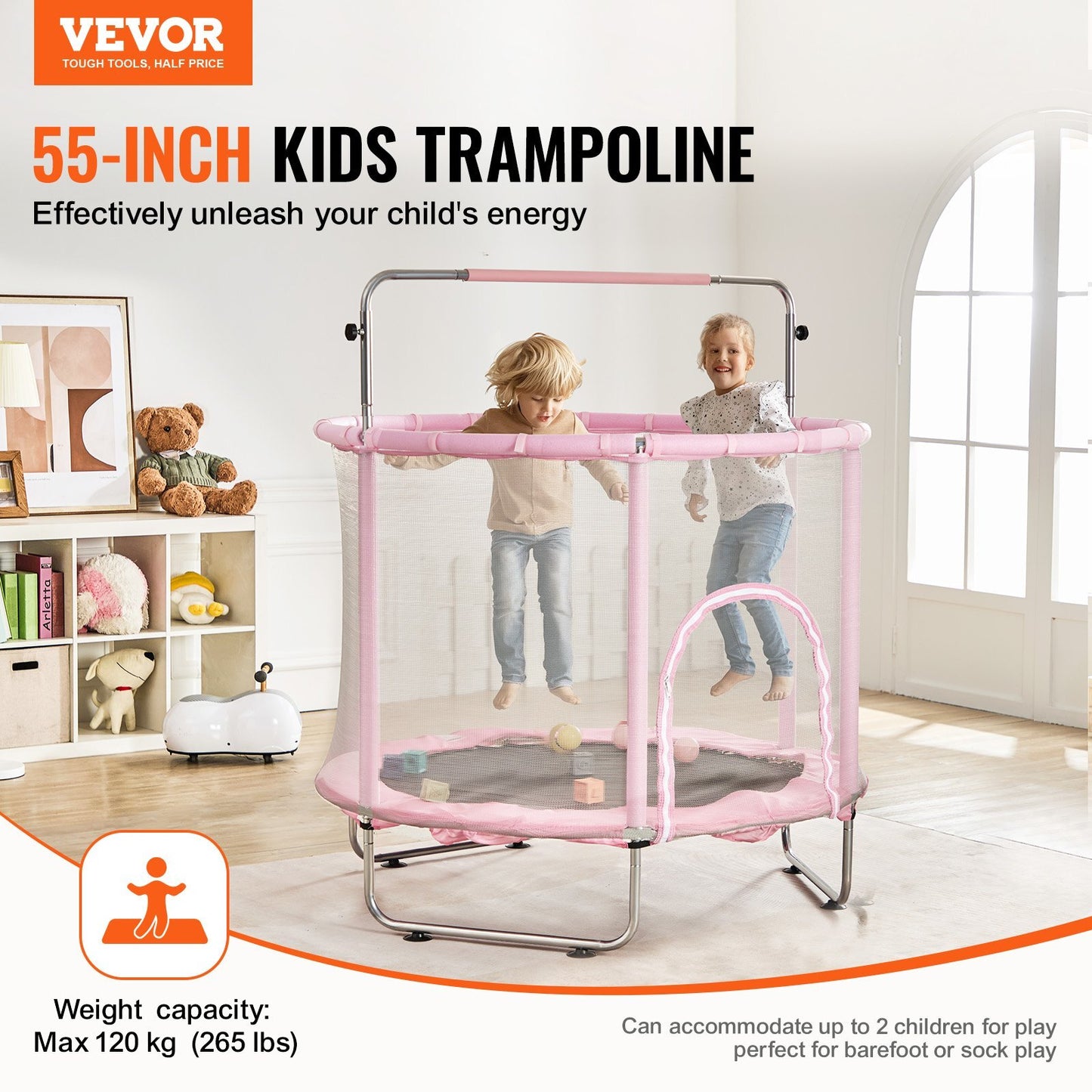 Pink 55-inch Kids Trampoline by American Smart WB with safety enclosure net and basketball hoop, ideal for children 3+ indoors or outdoors.