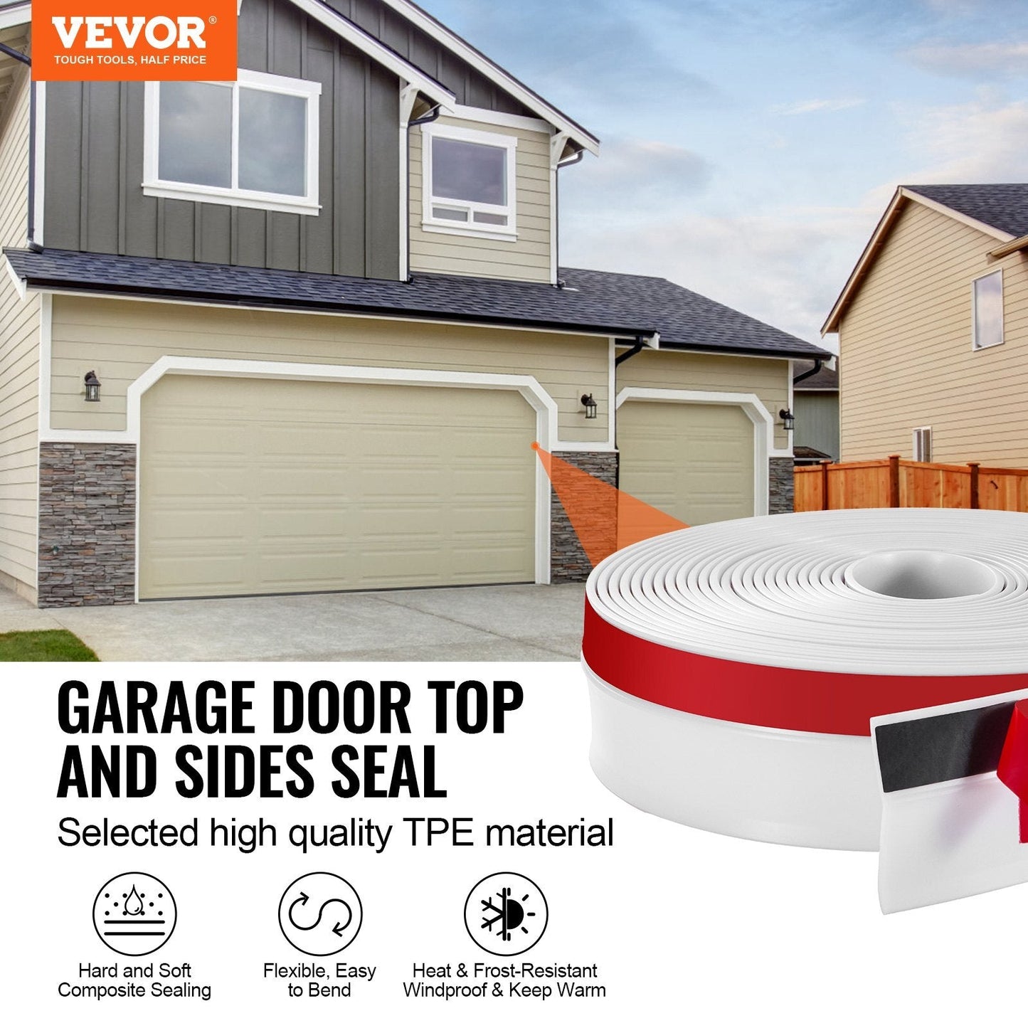 American Smart garage door seal strip, 34 ft weatherproofing TPE seals with adhesive and screws for top and side garage door sealing.