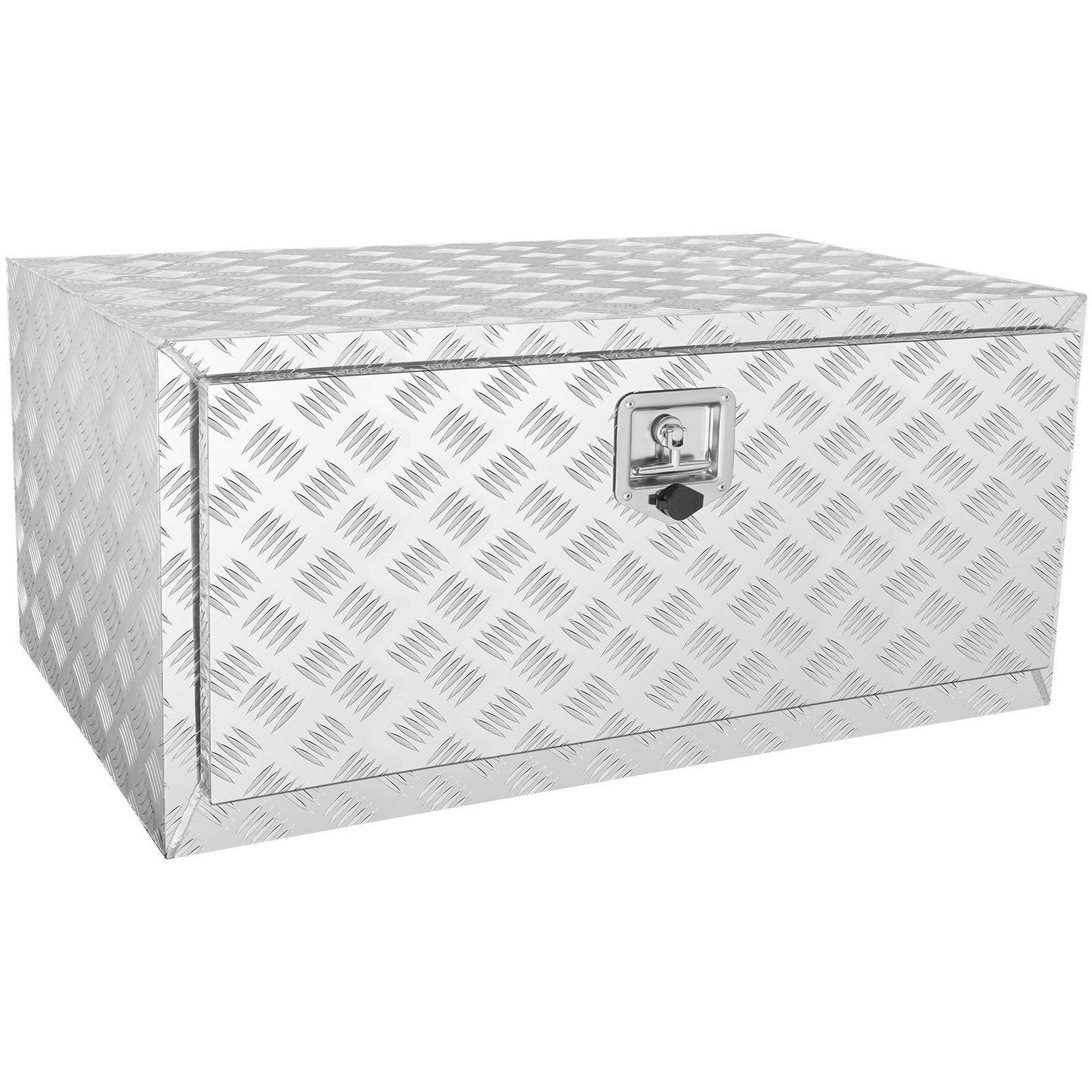 Heavy duty aluminum diamond plate truck underbody storage box with lock, T-handle latch, waterproof trailer tool box for pickup trucks.