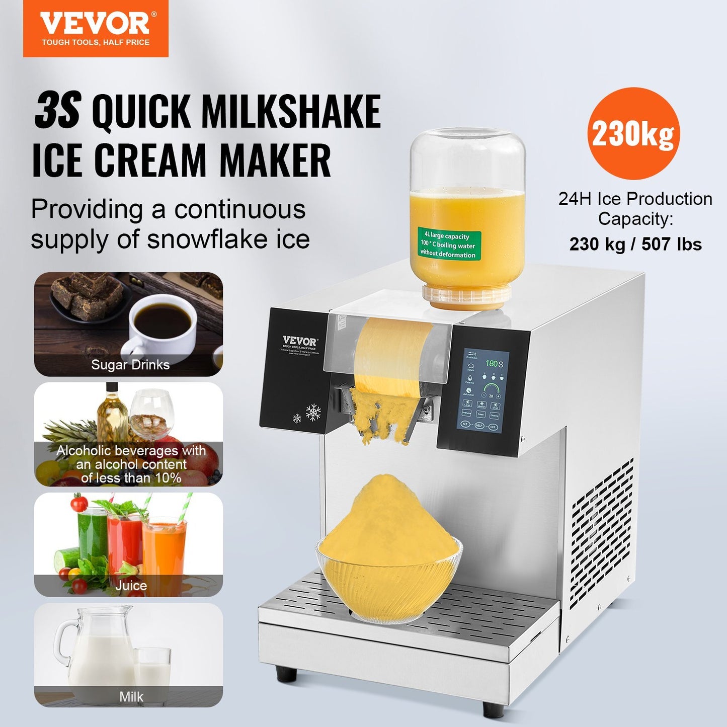 Commercial Snowflake Ice Machine by American Smart, stainless steel snowflake ice shaver with air cooling for bakery and cafe use.