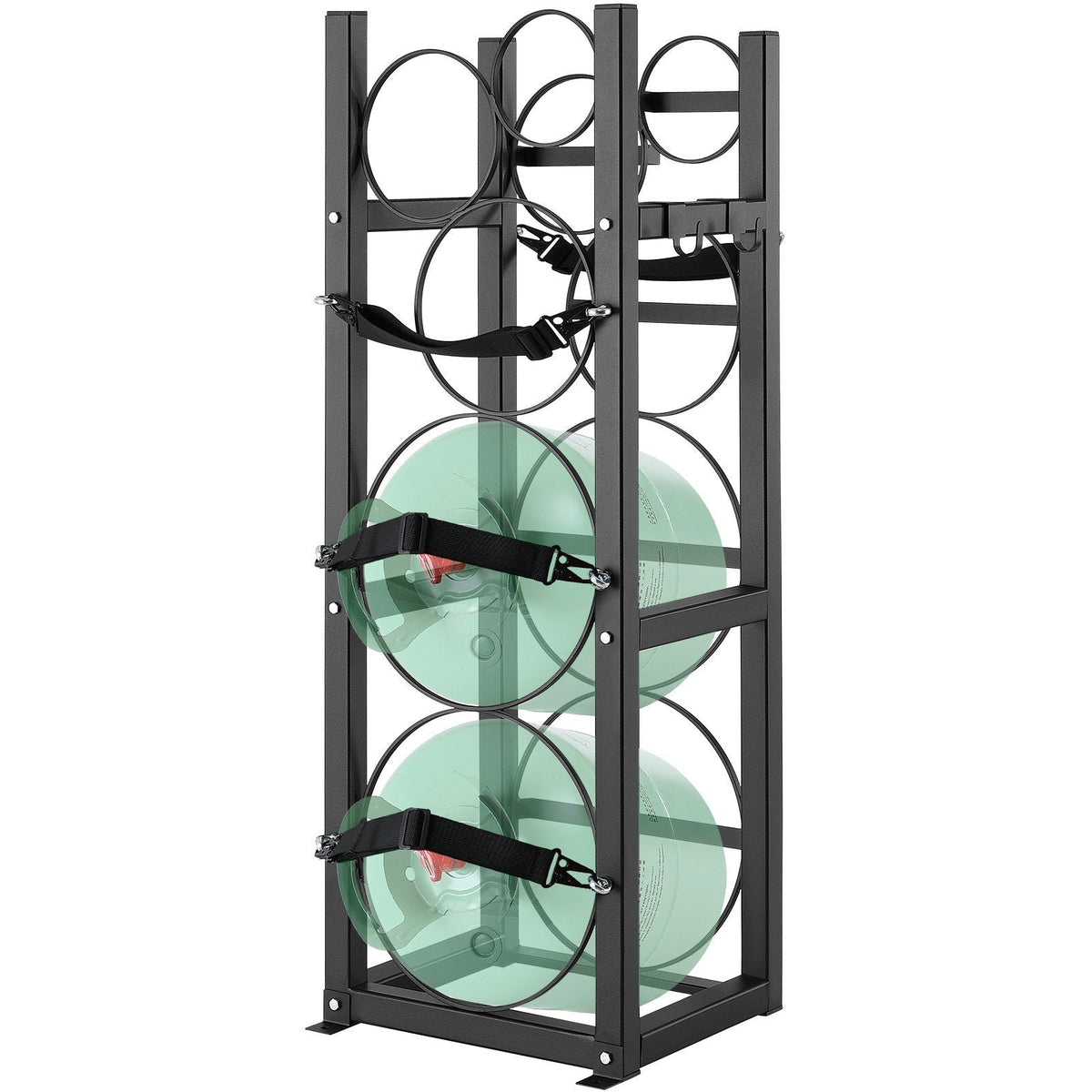 American Smart refrigerant tank rack holding two 30lb cylinders and three small gas bottles in a garage setting.