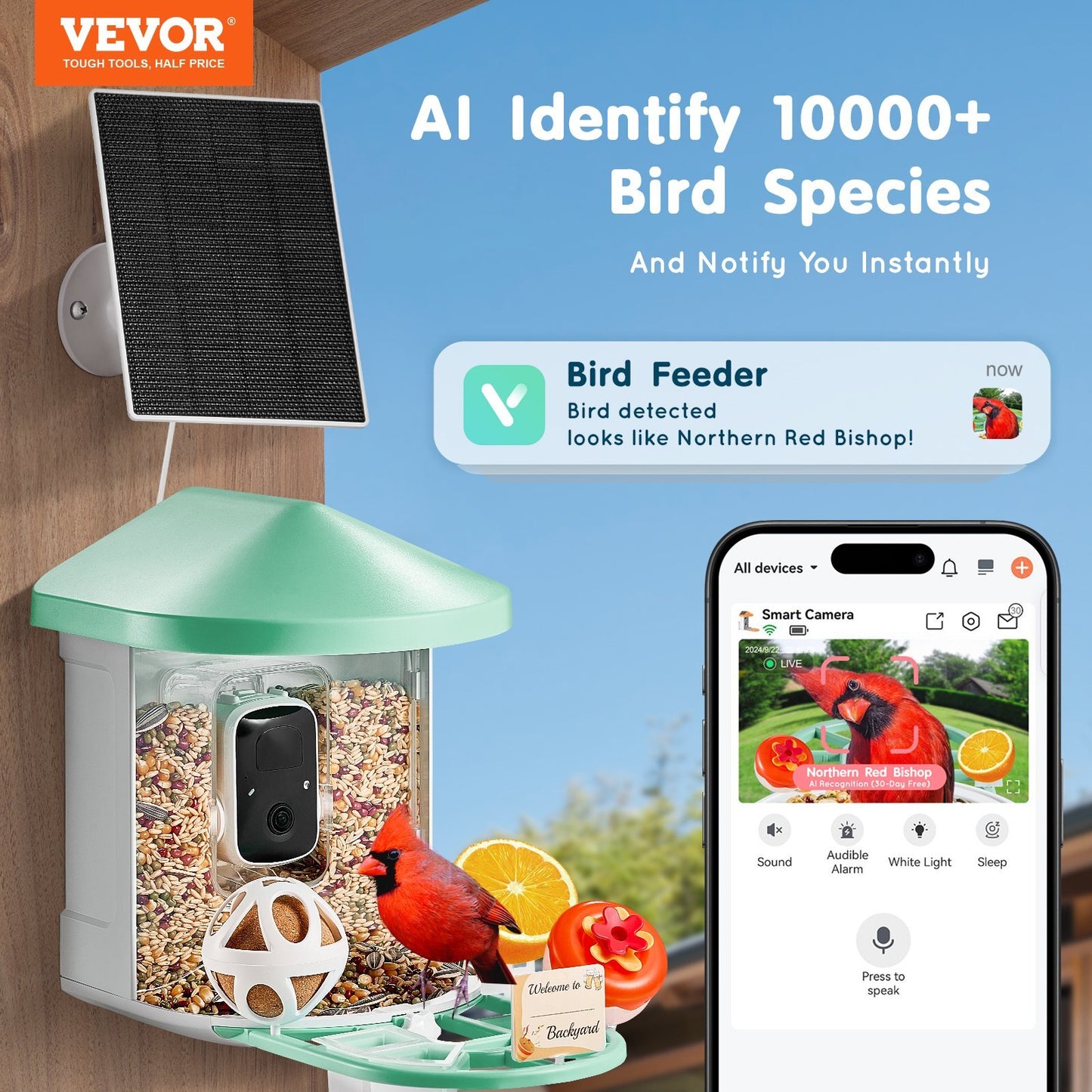 Green American Smart bird feeder with built-in 2K HD camera, solar power, and bird identification for outdoor bird watching.