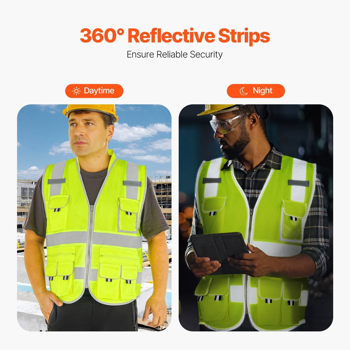 Yellow safety vest with 10 pockets, reflective strips, zipper front, and walkie-talkie clip, designed for high visibility work.
